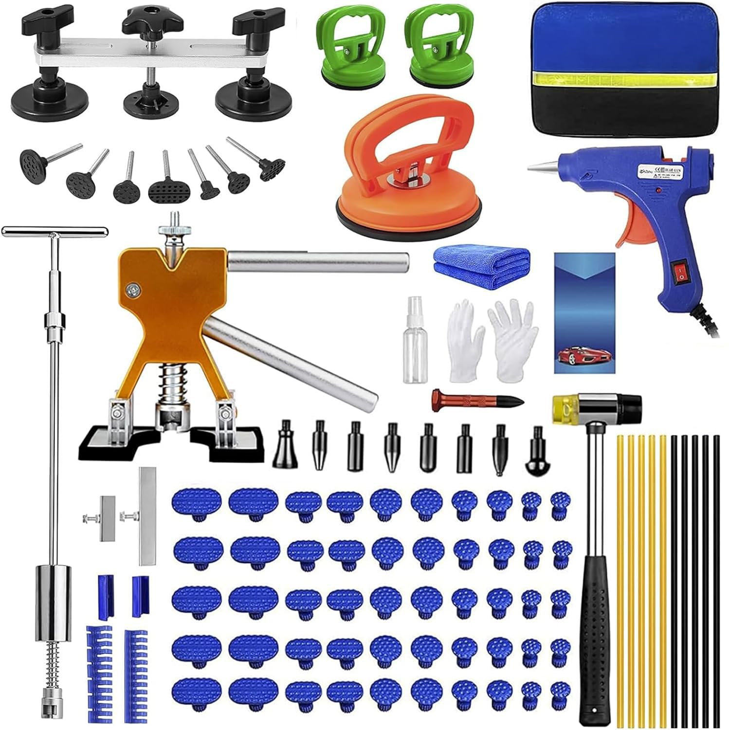 97pcs Dent Puller Kit, Paintless Dent Removal Kit for Dent Removal, Car Dent Puller with Golden Lifter, Bridge Puller, Slide Hammer T-Bar, Dent Remover Tool for Car Refrigerator Door Ding Repair