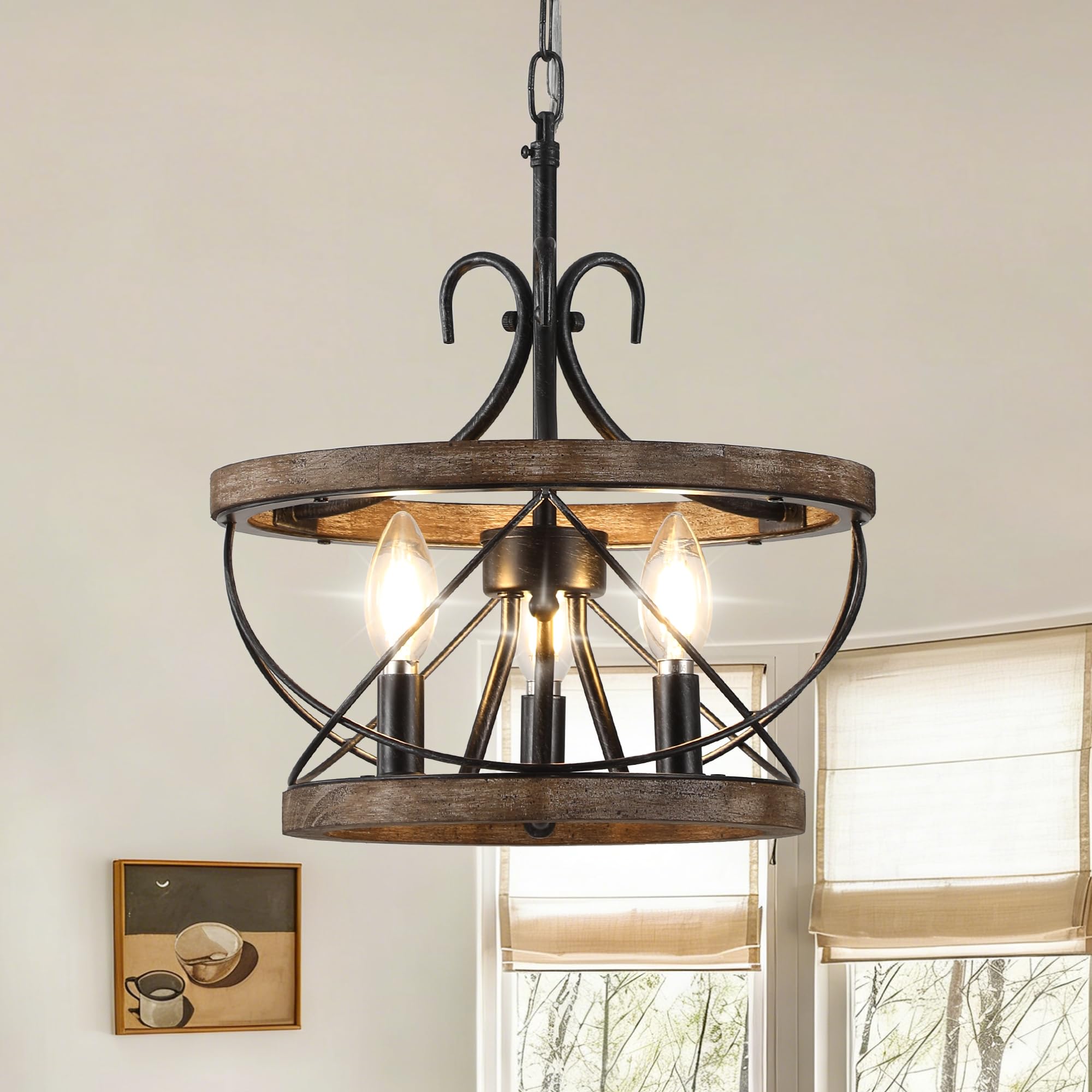 Farmhouse Chandelier for Dining Room Wood Drum Chandelier Light Fixture Over Table 3*E12 Hanging Lamp for Kitchen Entry