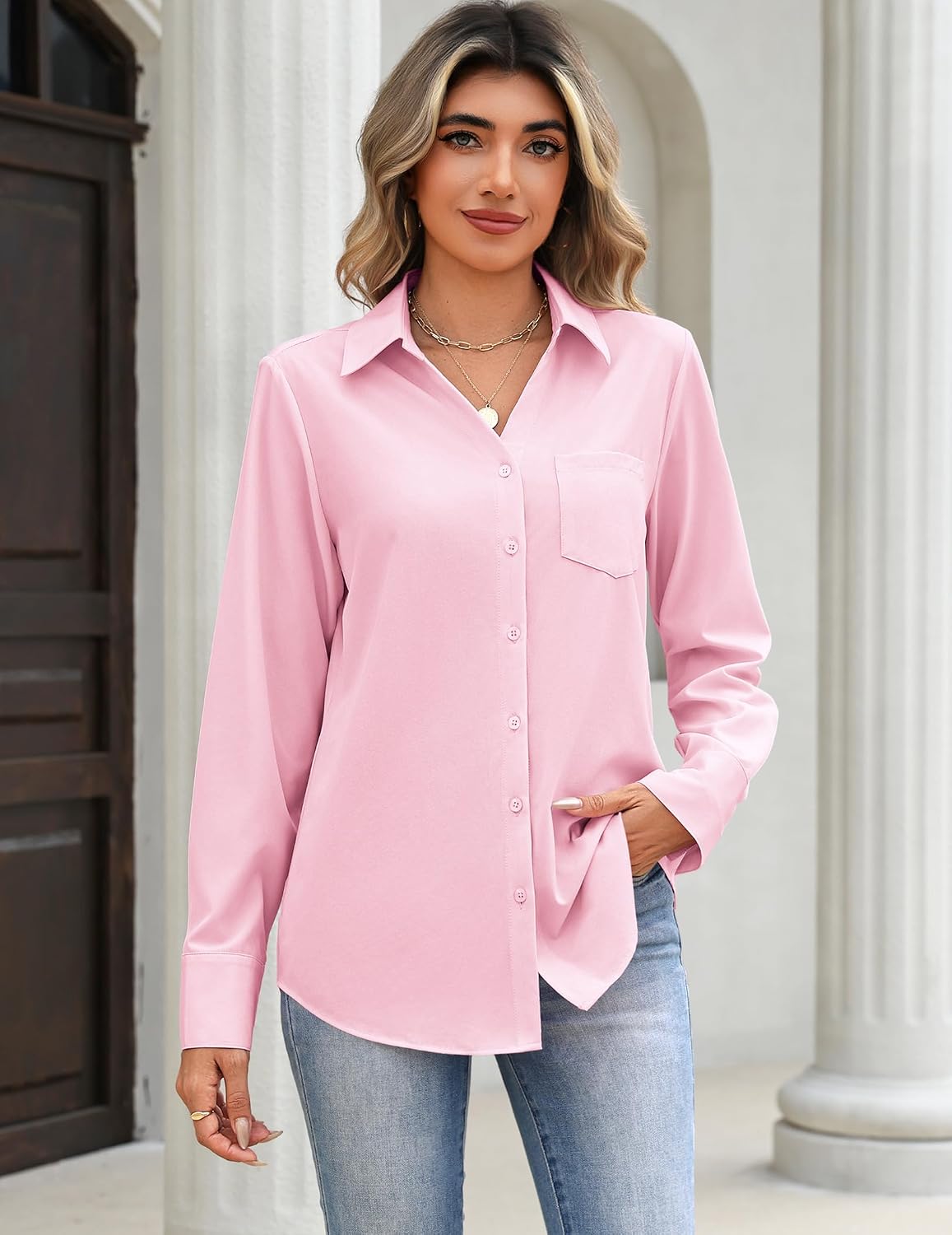  Blouses for Women Long Sleeve Dressy Casual Button Down Shirts | Lady Collared Tops Business Casual Work Outfits Clothing for Fall Spring thumbnail