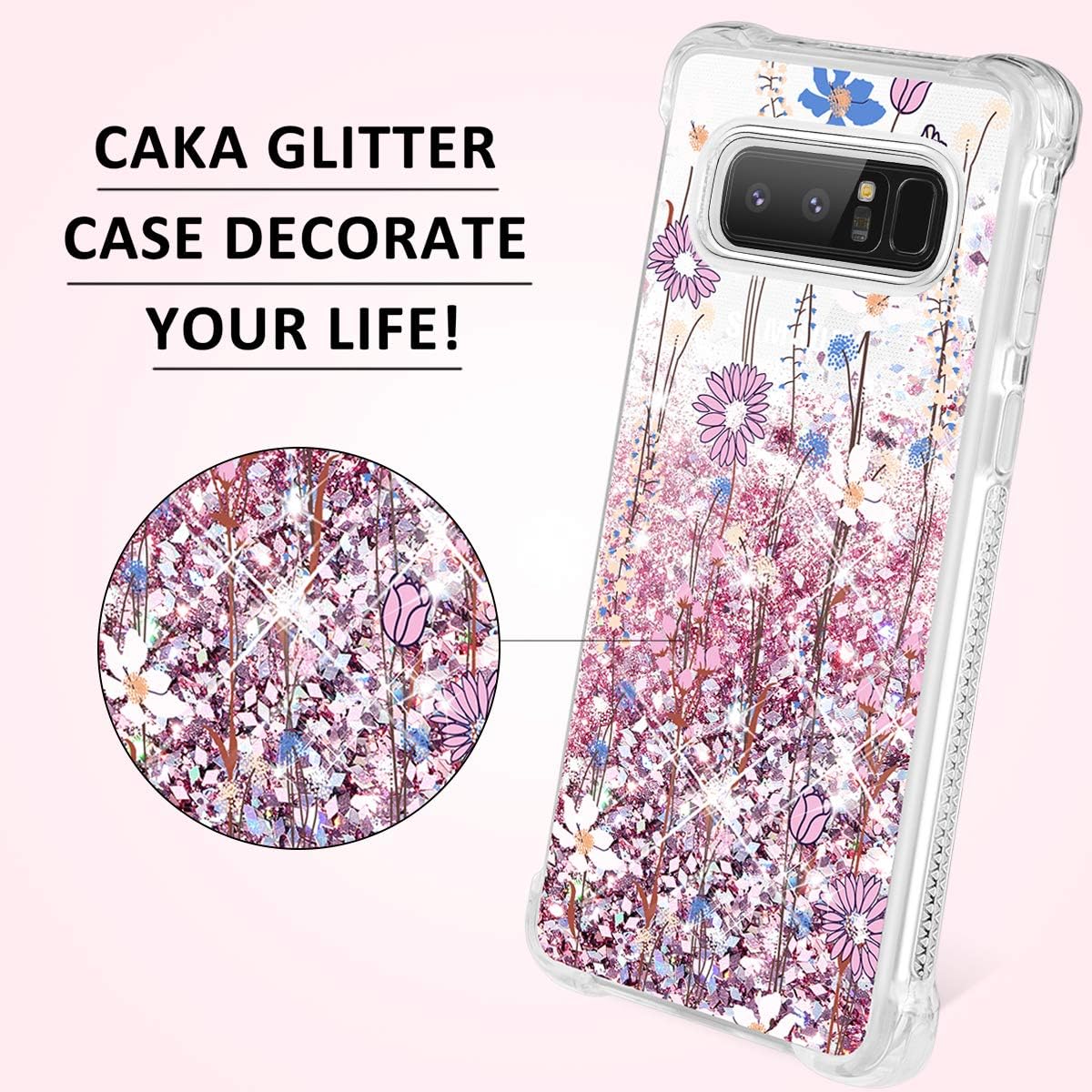 Galaxy Note 8 Case, Caka Galaxy Note 8 Floral Glitter Case Girls Luxury Fashion Bling Flowing Liquid Floating Sparkle Glitter Cute Soft TPU Case for Samsung Galaxy Note 8 (Pink Flower)