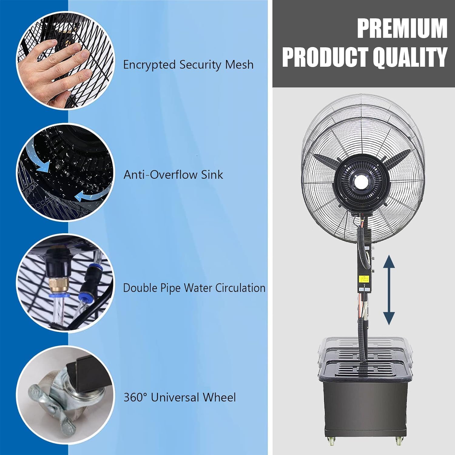 Ventilatore Nebulizzatore da Esterno a Colonna, Regolabile in Altezza con Opzioni Pala 750mm o 650mm, Oscillazione 90°, Serbatoio Acqua Capiente 42L, per Terrazzo, Giardino, Piscina, Barbecue