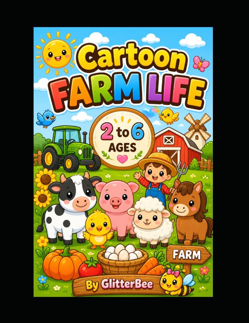 Cartoon Farm Life Coloring Book for Kids Ages 2 to 6: Cute Kawaii Farm Animals, Tractors and Fun Easy Coloring Pages