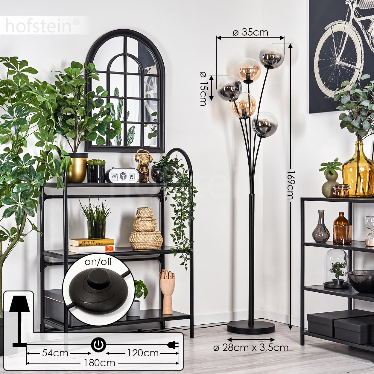 Stehleuchte Gastor, Stehlampe aus Metall/Glas in Schwarz/Bernstein/Rauch/Klar, Leuchte im Retro/Vintage-Design mit Schirmen aus Glas (Ø 15 cm) u. Fußschalter, Höhe 169 cm, 5 x E14, ohne Leuchtmittel