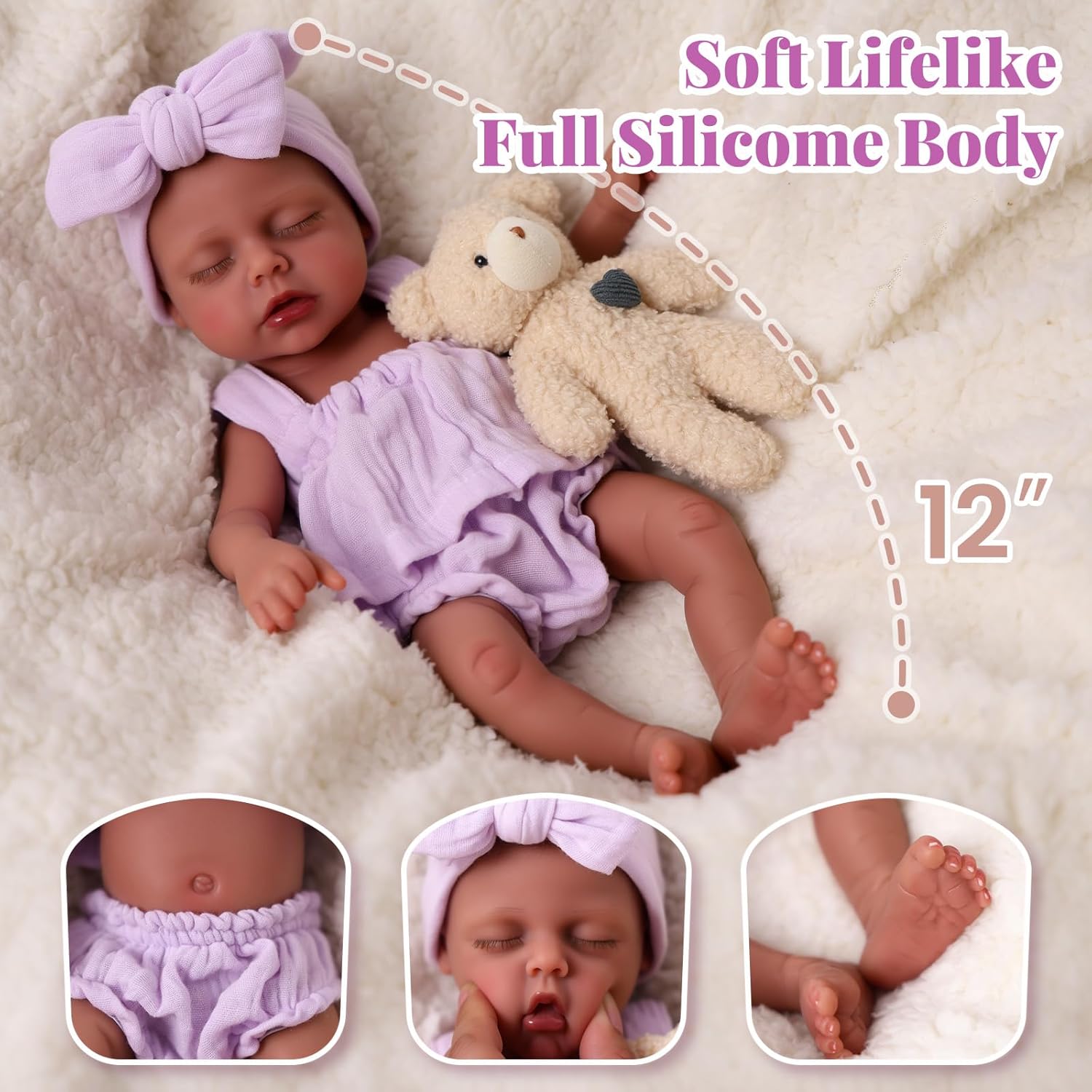 BABESIDE 12 inch Full Body Silicone Baby Dolls - Platinum African American Silicone Doll Black Girl, Weighted Newborn Reborn Baby with Complete Accessories for Kids 3+