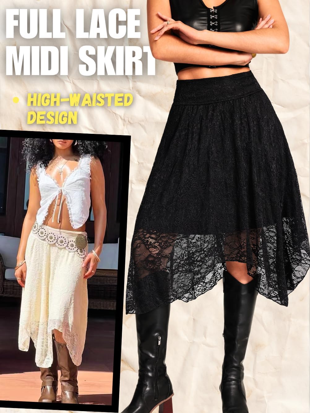 Women's Lace Midi Skirt, Lining Layer Flowy Goth Renaissance Skirts, Country Concert Outfits Steampunk Music Festival - Image 2