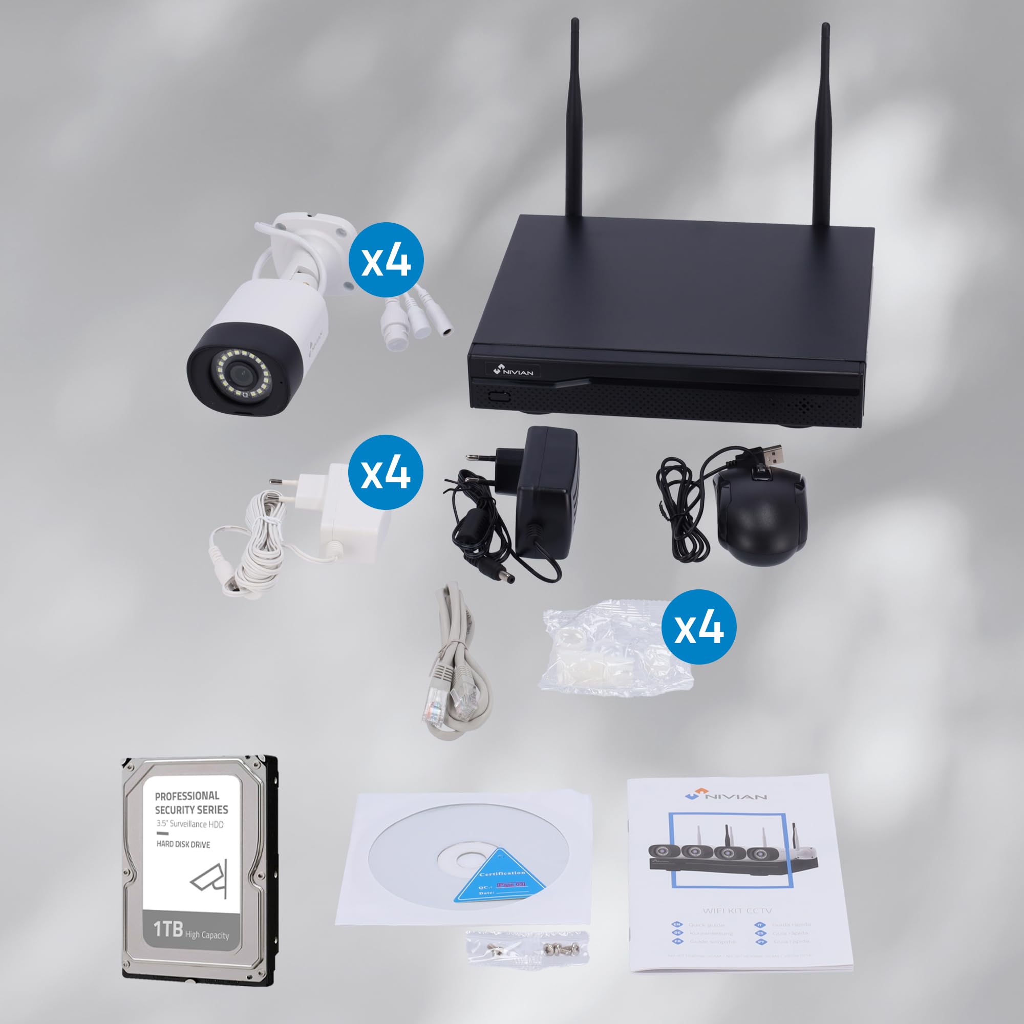 NIVIAN, Kit Caméras de Surveillance WiFi 2K Professionnel avec 4 Caméras IP, NVR 10 Canaux, Images Super HD, Détection Humaine IA, Vision Nocturne, Audio, HDMI, App EseeCloud, Enregistrement HDD