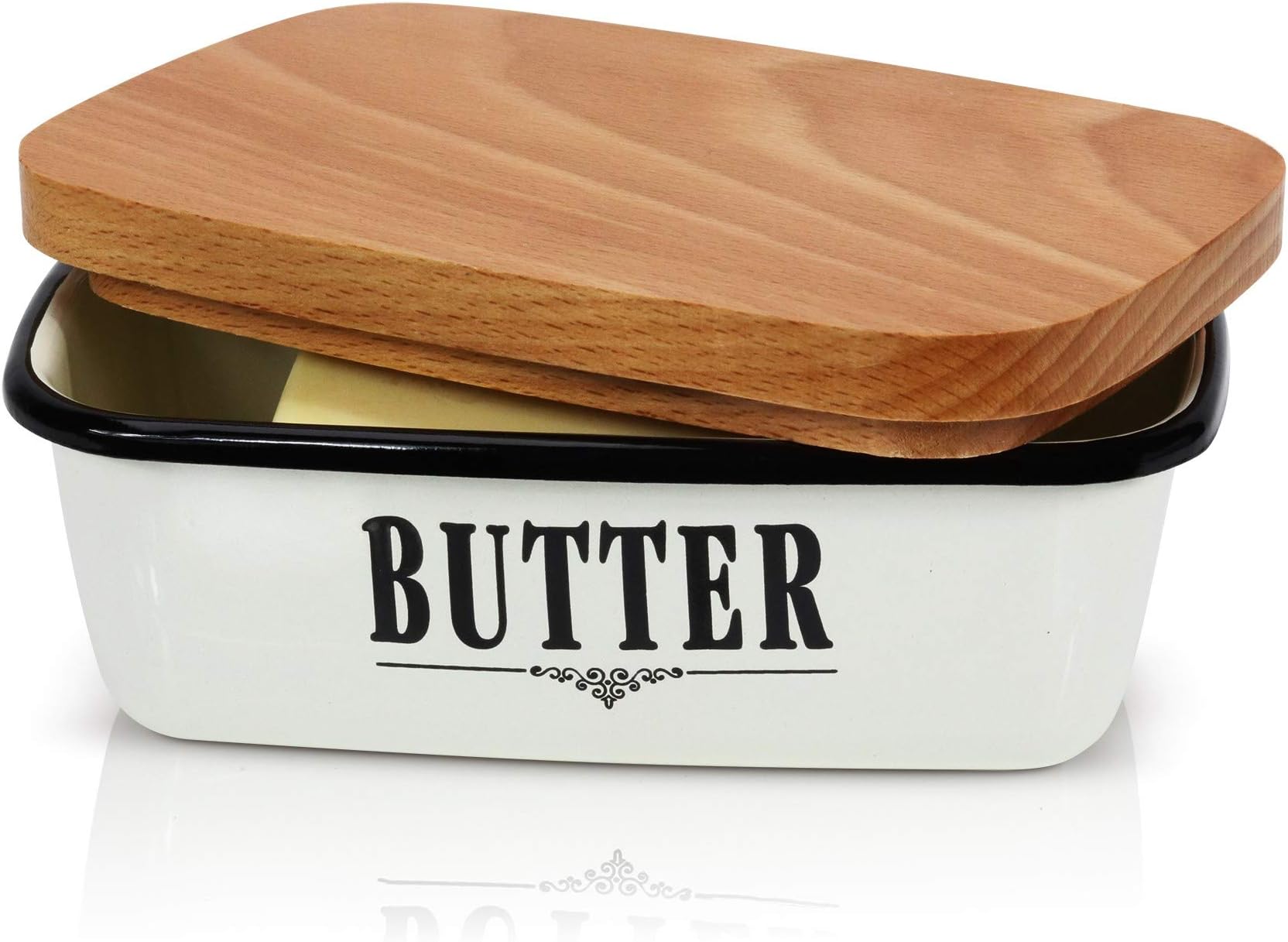 GranRosi butter dish in retro design. Versatile enamel butter box with High quality wooden lid Cream White