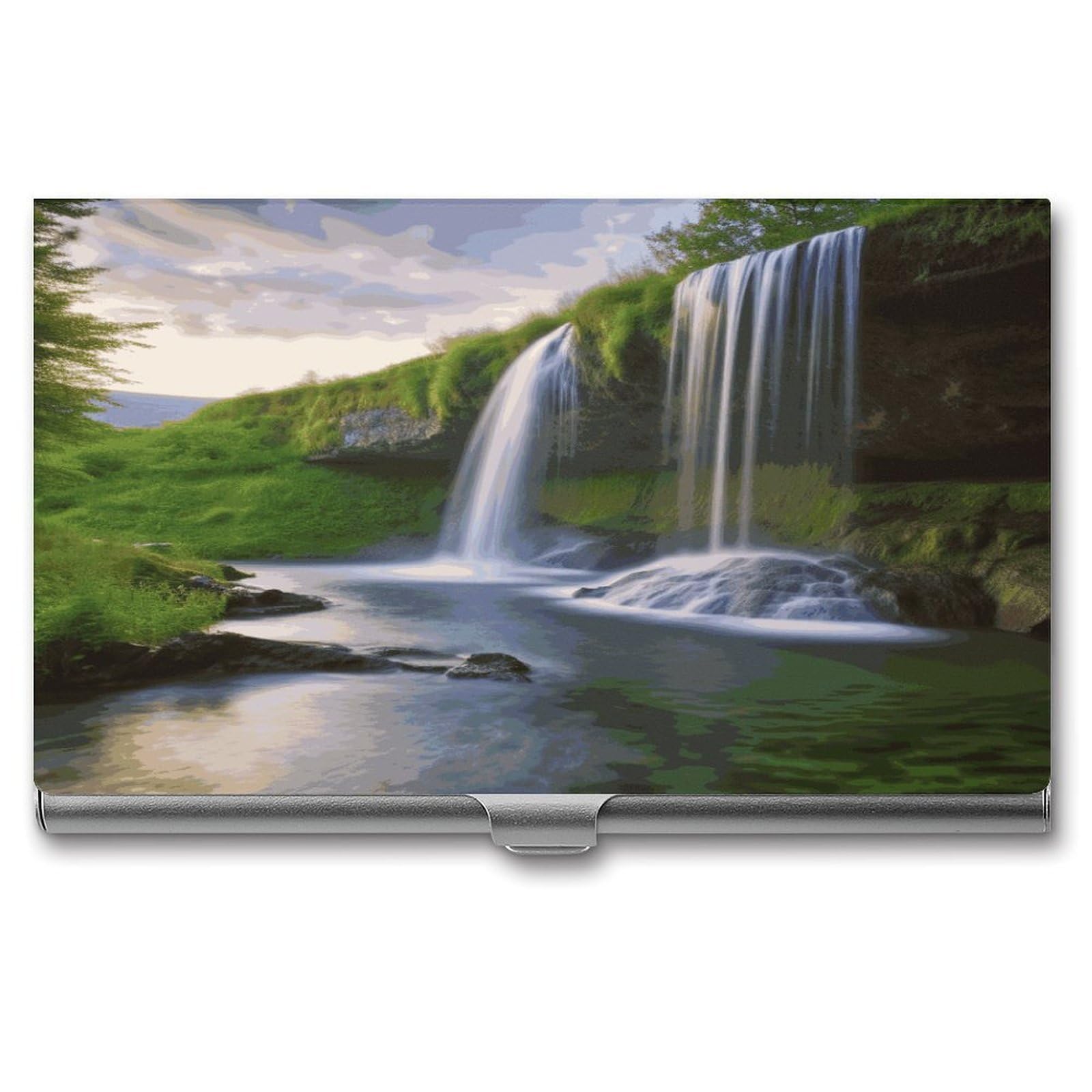 JTREHY Waterfall Landscape Business Card Holder Slim Purse Name Card Holder Portable Metal Business Card Case Wallet Large Capacity Lightweight Business Card Case for Men Women