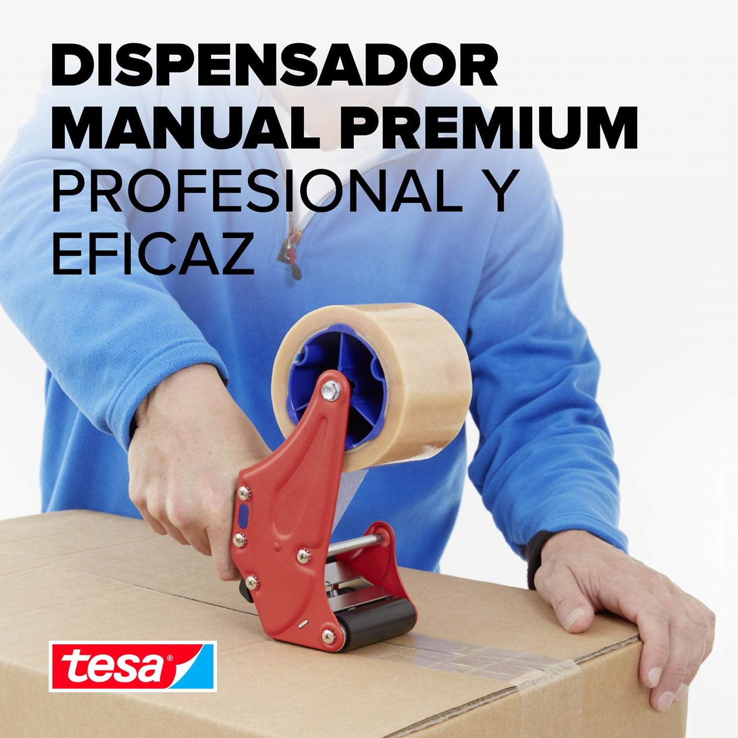 tesa tesapack® - Dispensador Manual Premium - Precintadora de Cintas para Embalaje Profesional - Ergonómico y Robusto - Para Rollos tesa® de hasta 50 mm de ancho - Color: Azul y Rojo
