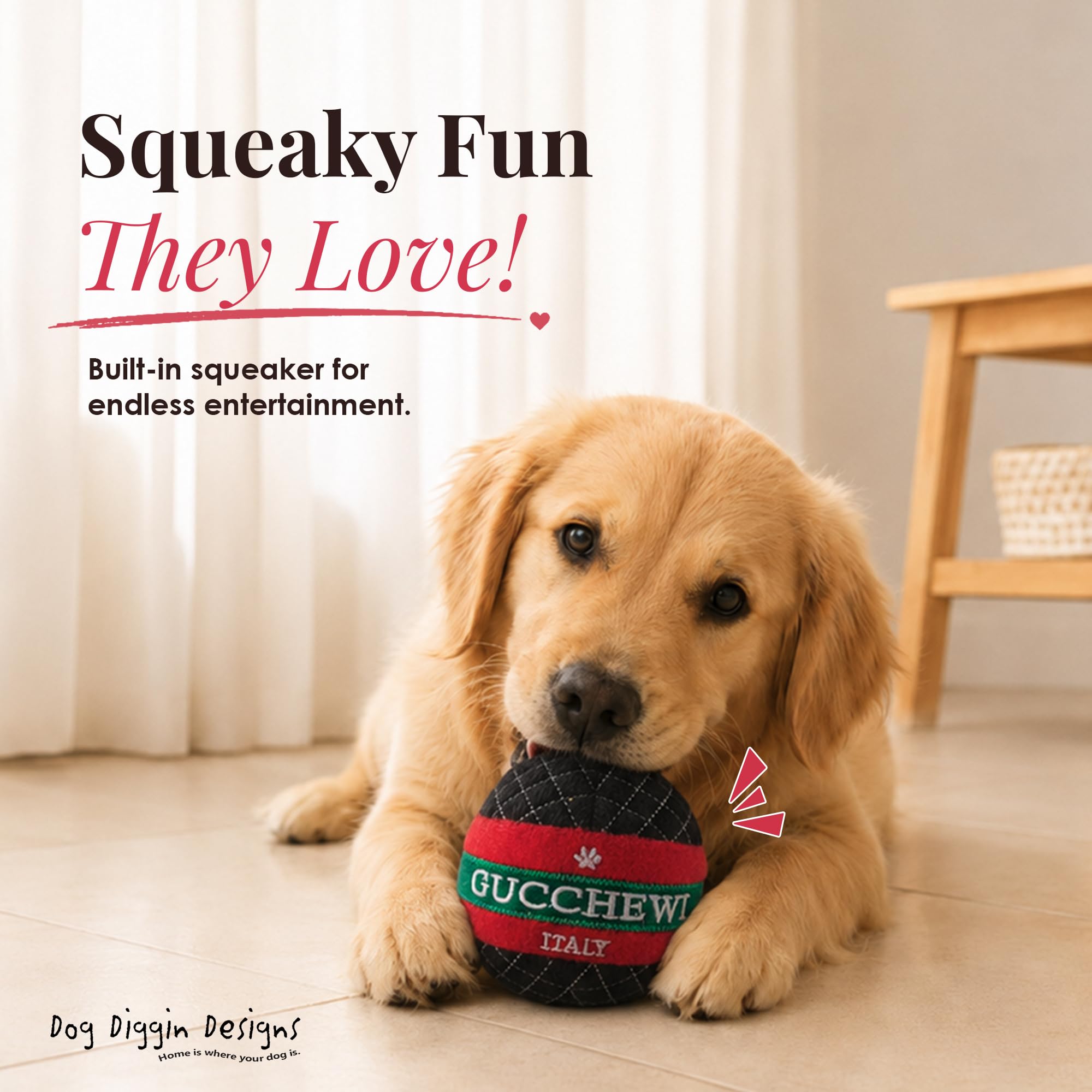 Dog Diggin Designs Colección Runway Pup | Juguetes únicos de peluche para perros de parodia chirriante - Huesos, bolas y más para perros Prêt-à-Porter