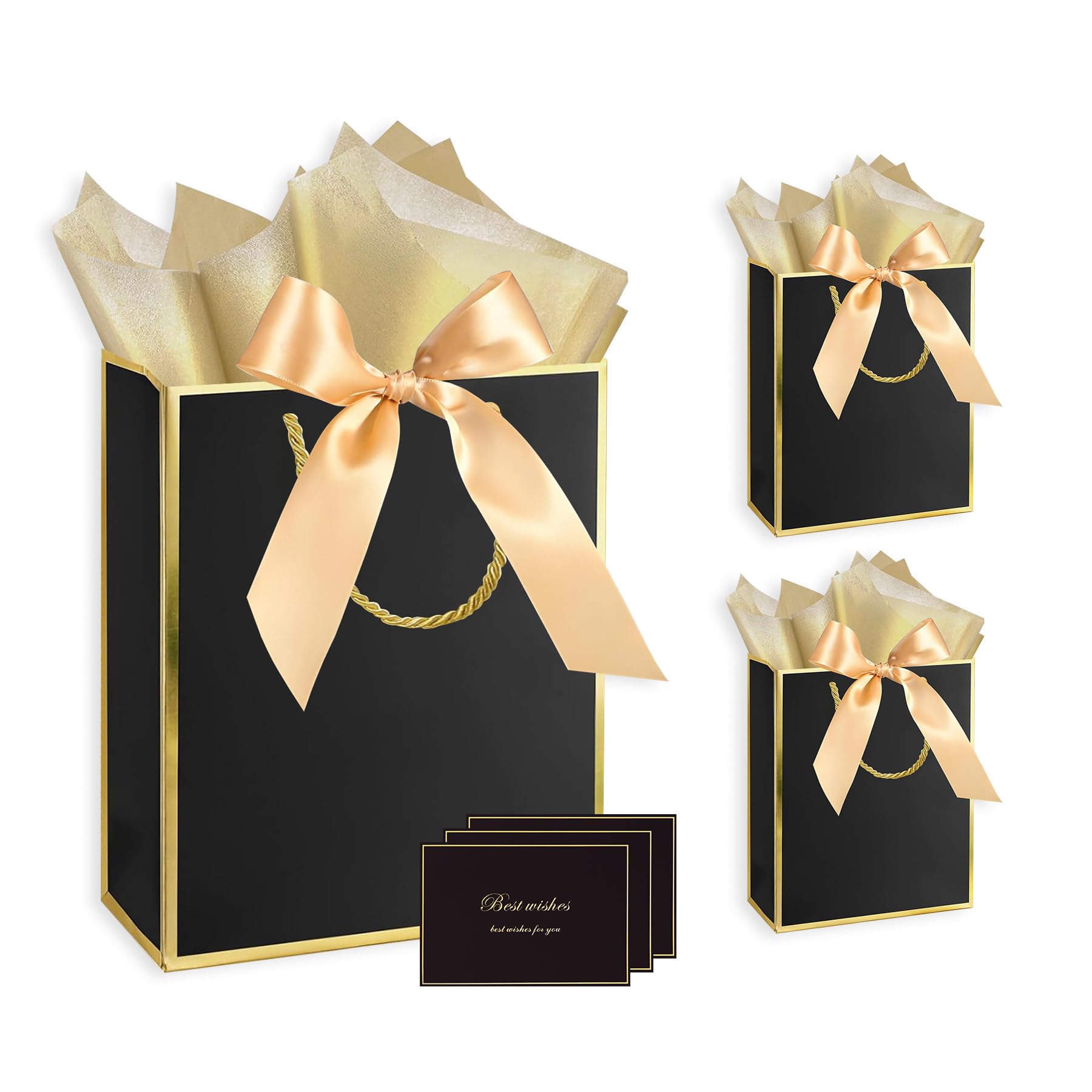 GEGIBOA Gift Bags 3 Pcs Medium Size Paper Gift Bags with Tissue Paper and Handles,Bow Ribbon and Greeting Cards, 8" x 5" x 10", Black