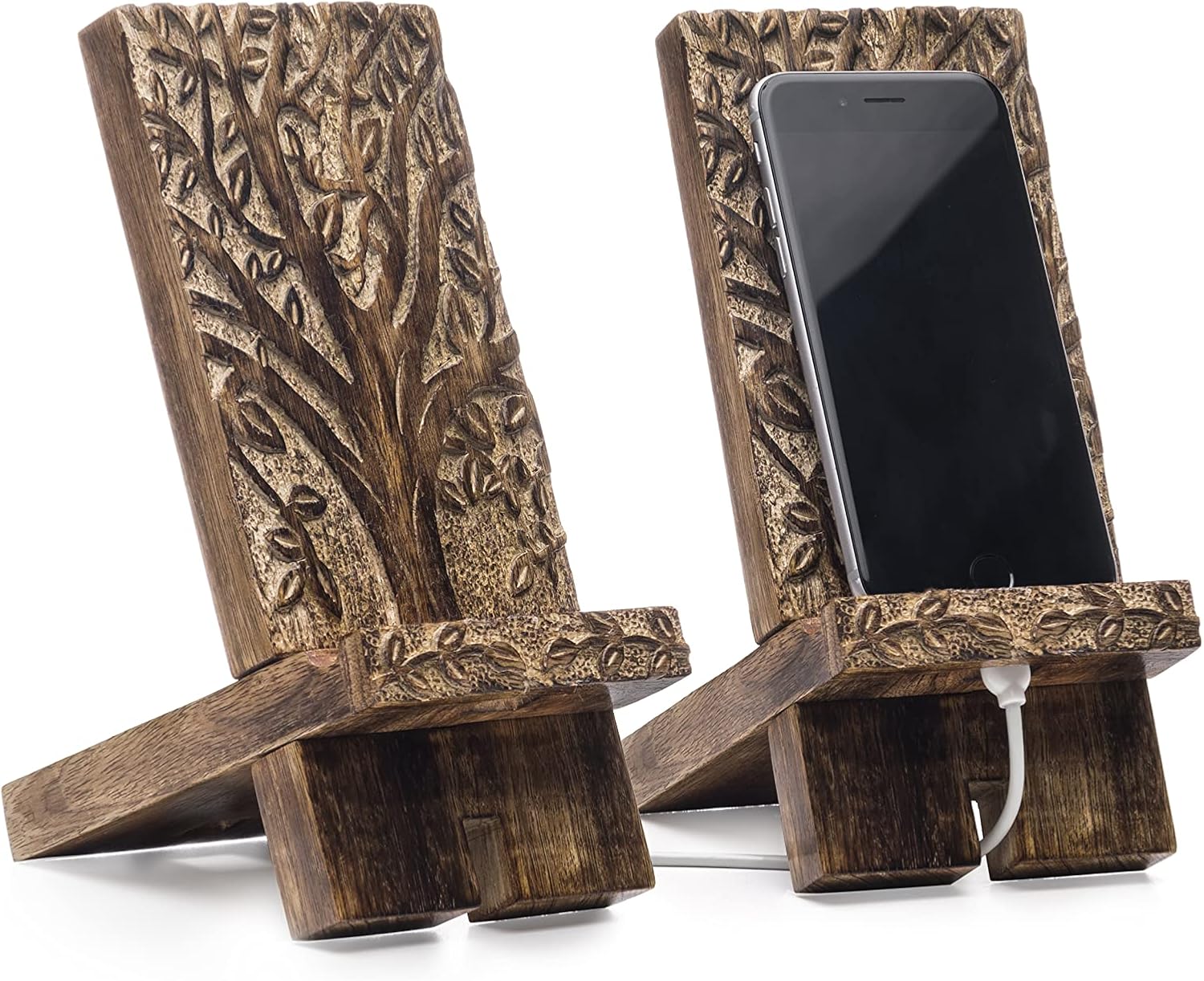 Matr Boomie Hand Carved Solid Wood Phone Holder Stand, Docking, Charging Station for Smartphones