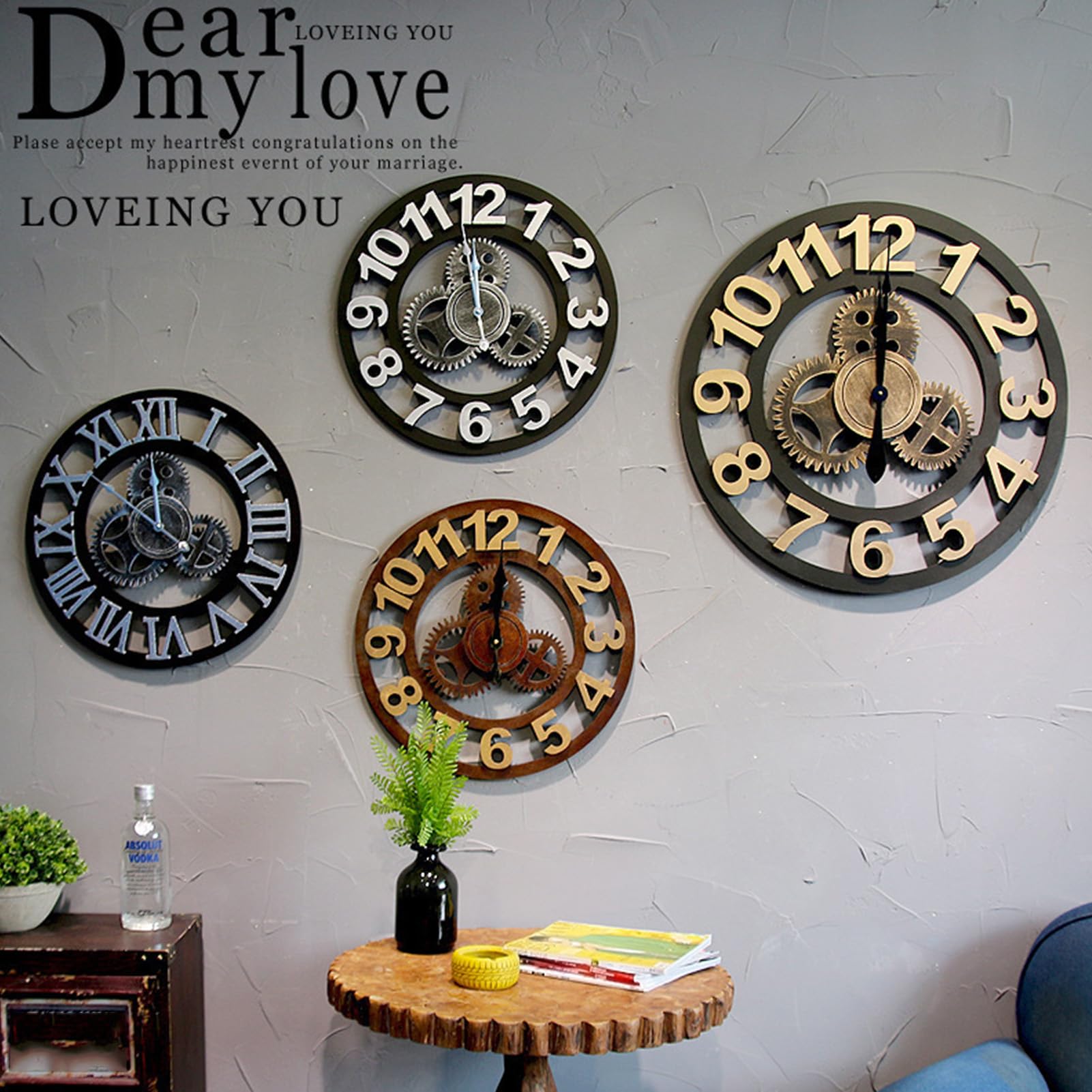 Reloj de Pared Retro Americano con Engranajes Antiguos, Reloj Creativo de Madera, Reloj de Pared de Estilo Industrial, Reloj de Pared para Bar y Restaurante