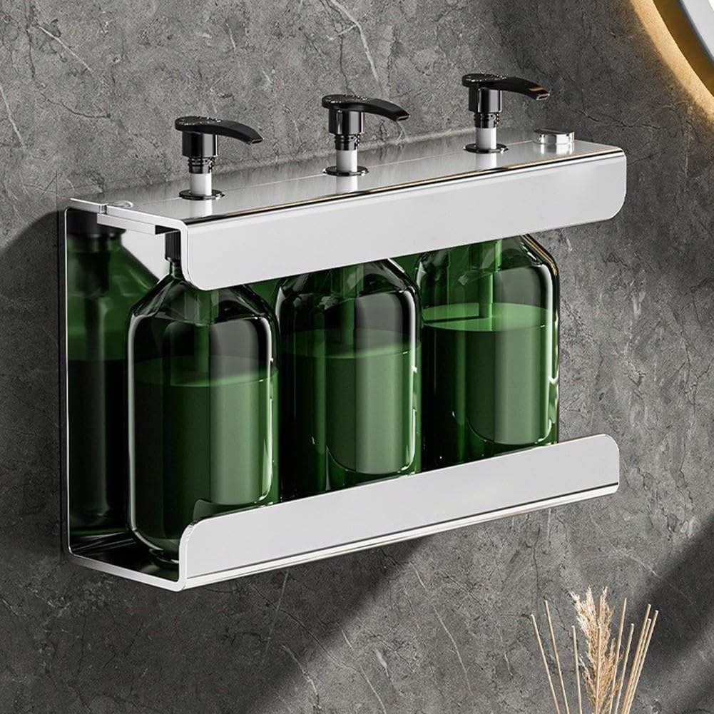 Dispensador de jabón montado en la pared, soporte de acero inoxidable para baño, estante de almacenamiento para ducha, gel, champú, jabón líquido, acabado plateado, diseño de ahorro de