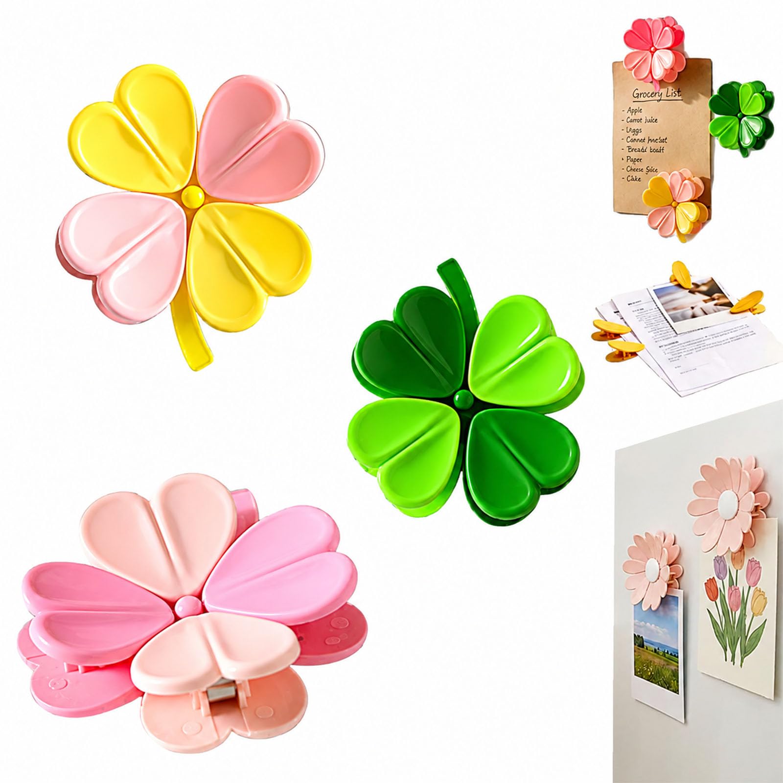Cherry-Shaped Magnetic Food Clip Fridge Magnet, Sunflower-Shaped Magnetic Chip Clips, Flower Food Clips And White Bag Clips Set, Daisy Blossom Bag Clip (A SET)