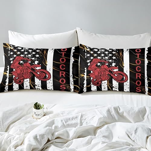 Miniatura 7 de Juego de edredón de motocross para adolescentes, juego de ropa de cama Queen con bandera estadounidense, edredón de plumón para deportes extremos de