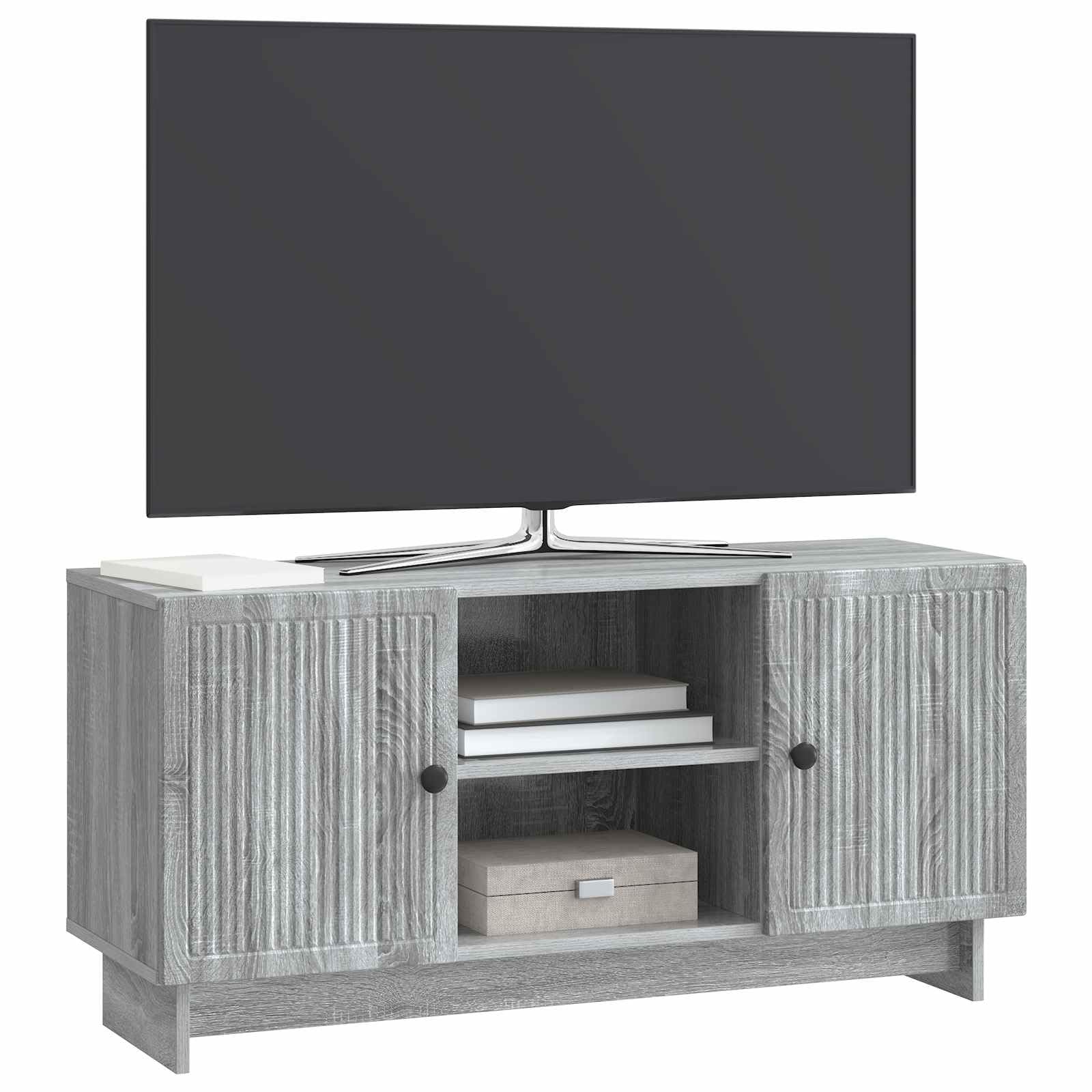 Hothingwell TV-Bank, 102 x 34,5 x 50 cm, Sonoma, Grau, Ingenieurholz | Verstellbare Regale, Türen mit Scharnieren 90 °, Griffe aus Metall, einfache Reinigung mit feuchtem Tuch