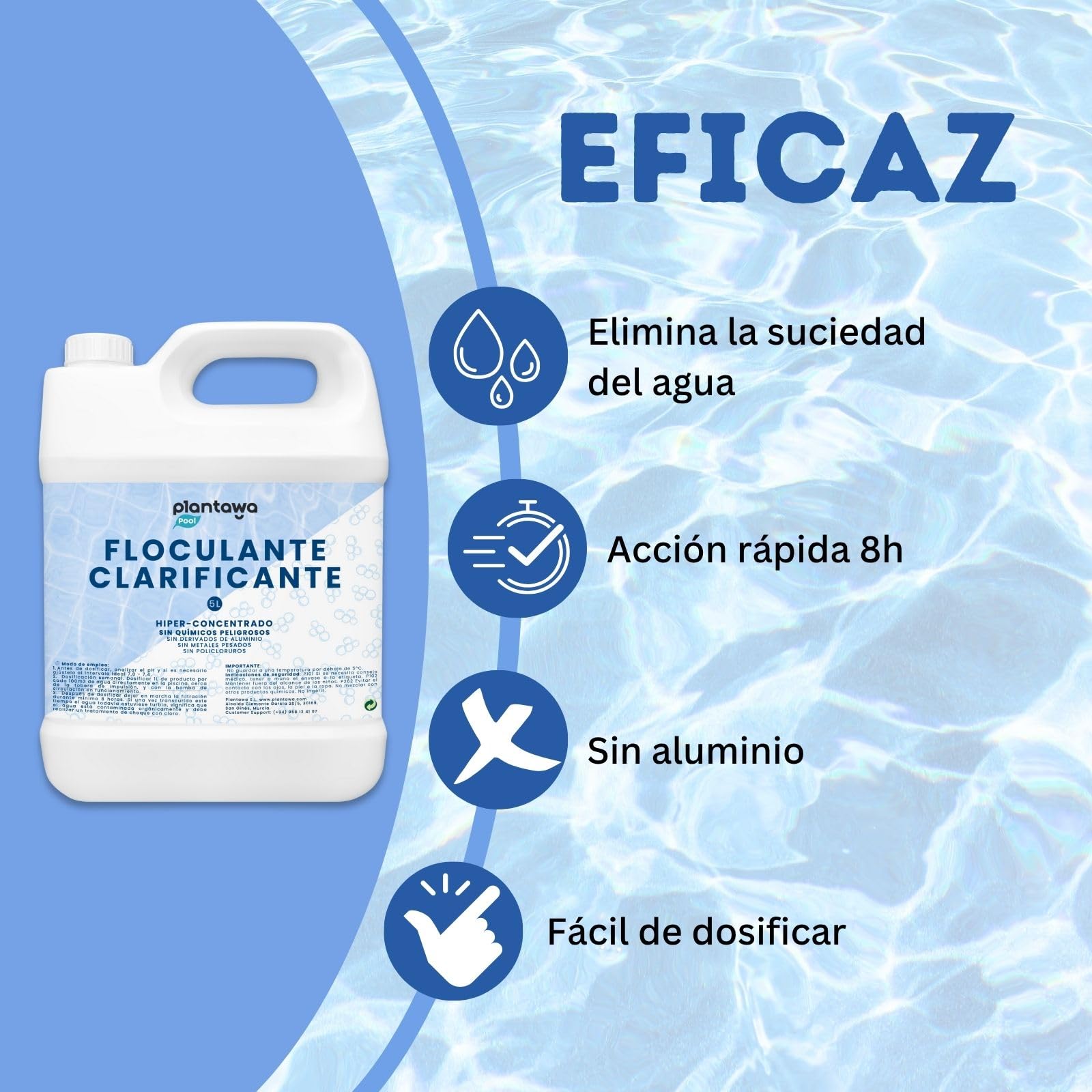 PLANTAWA Floculante Piscina Líquido 5L | Clarificador Agua Turbia Piscina | Mejora Filtración y Agrupa Partículas en fondo | Acción Rápida y Dosificación Precisa | Compatible con Todo Tipo de Piscinas — view 5