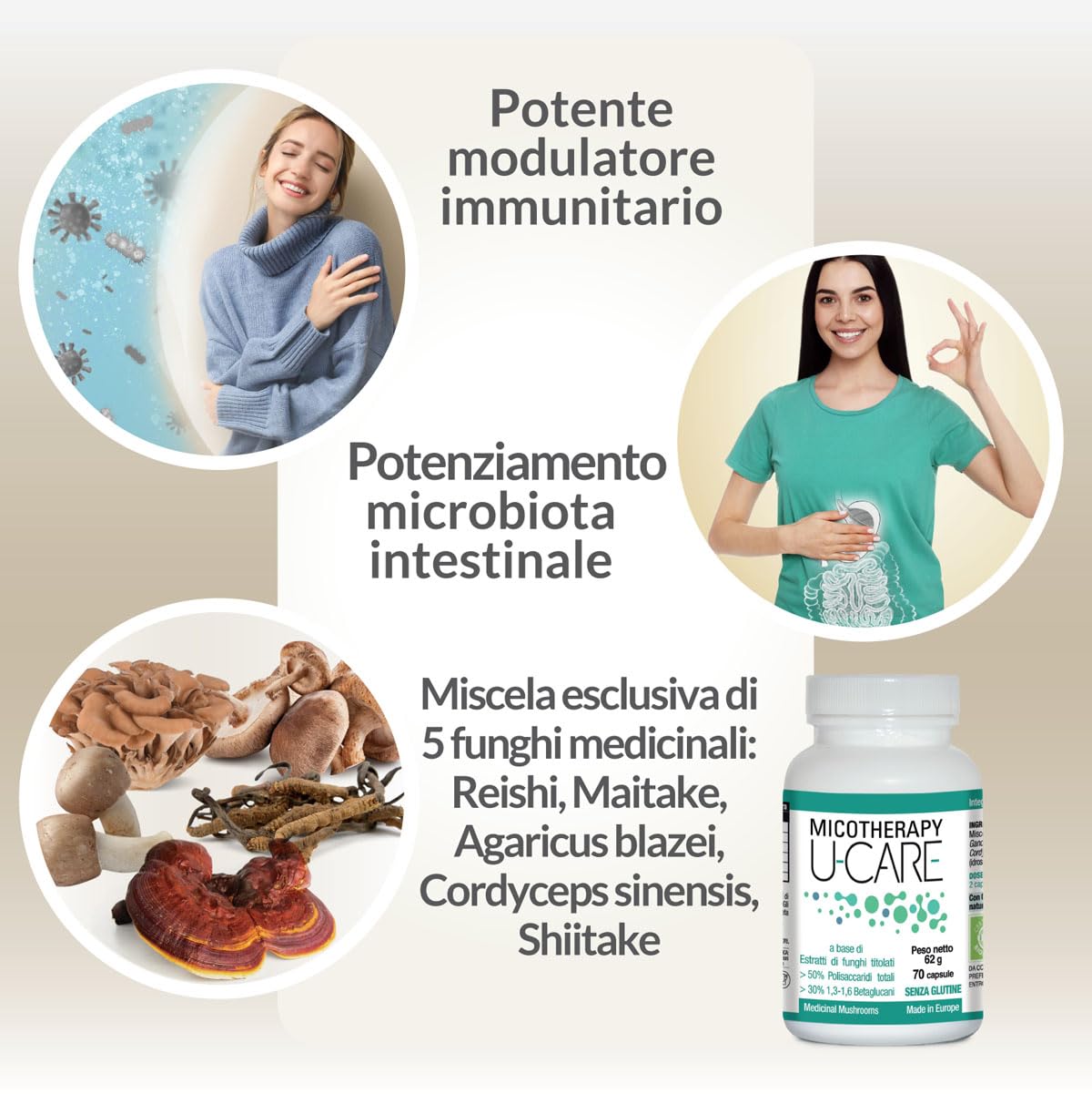 AVD REFORM | Micotherapy U-Care – Integratore con Reishi, Cordyceps, Shiitake, Maitake e ABM da coltivazione biologica per vitalità e difese naturali – 70 capsule – Prodotto in Italia
