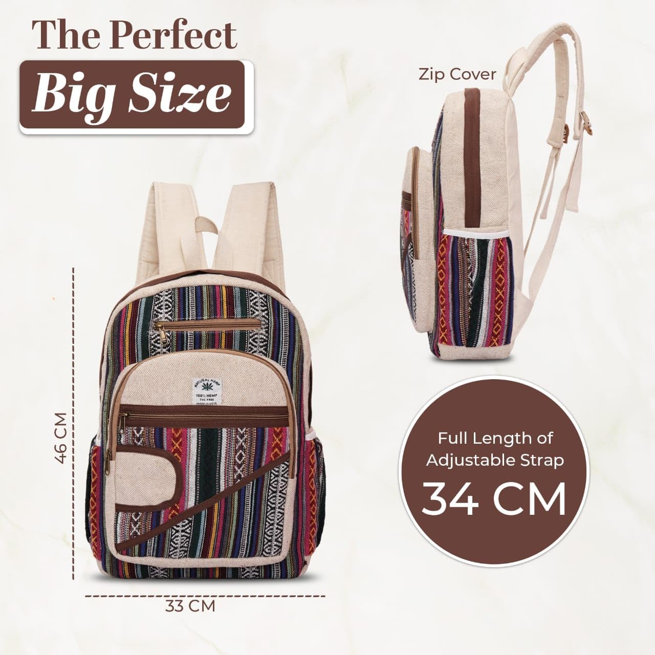 Hemp Backpack – Eco Friendly Reusable Natural Fiber Backpack, Durable Cloth Travel Bag for School, College, Work, Hiking & Everyday Use - Image 3