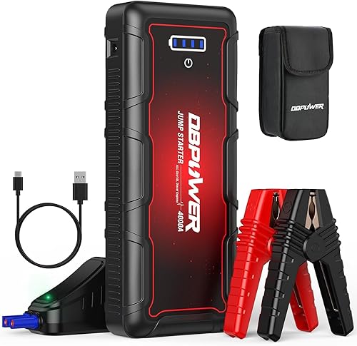 DBPOWER Arrancador de batería portátil de 4000 A pico de 88.8 Wh (hasta todos los motores diésel de gasolina/10 L) 12 V con cables de abrazadera
