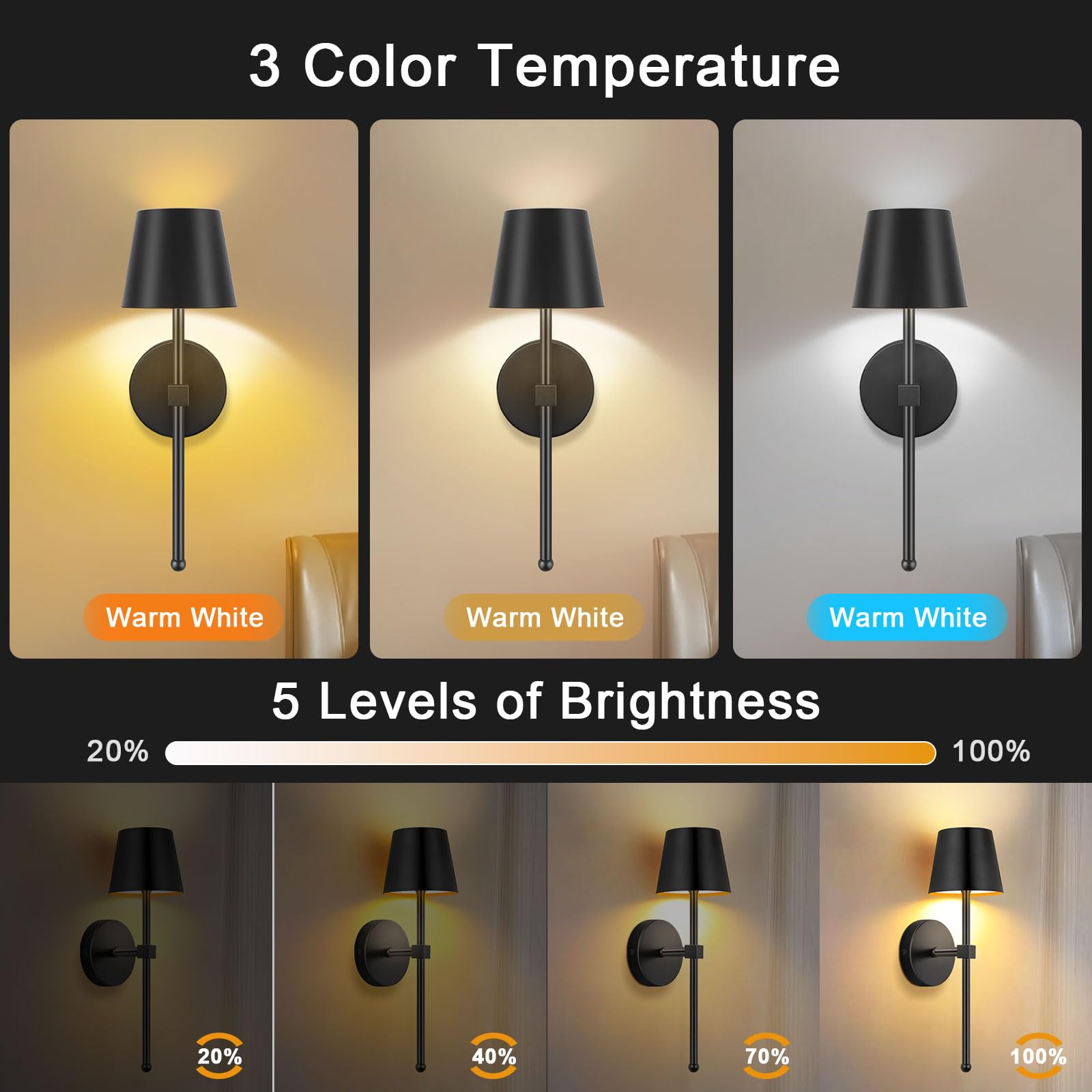 2 Stück Akku Wandleuchte Innen 5200mAh, LED Wandlampe Ohne Stromanschluss mit Fernbedienung RGB für Wohnzimmer Schlafzimmer Flur, Schwarz