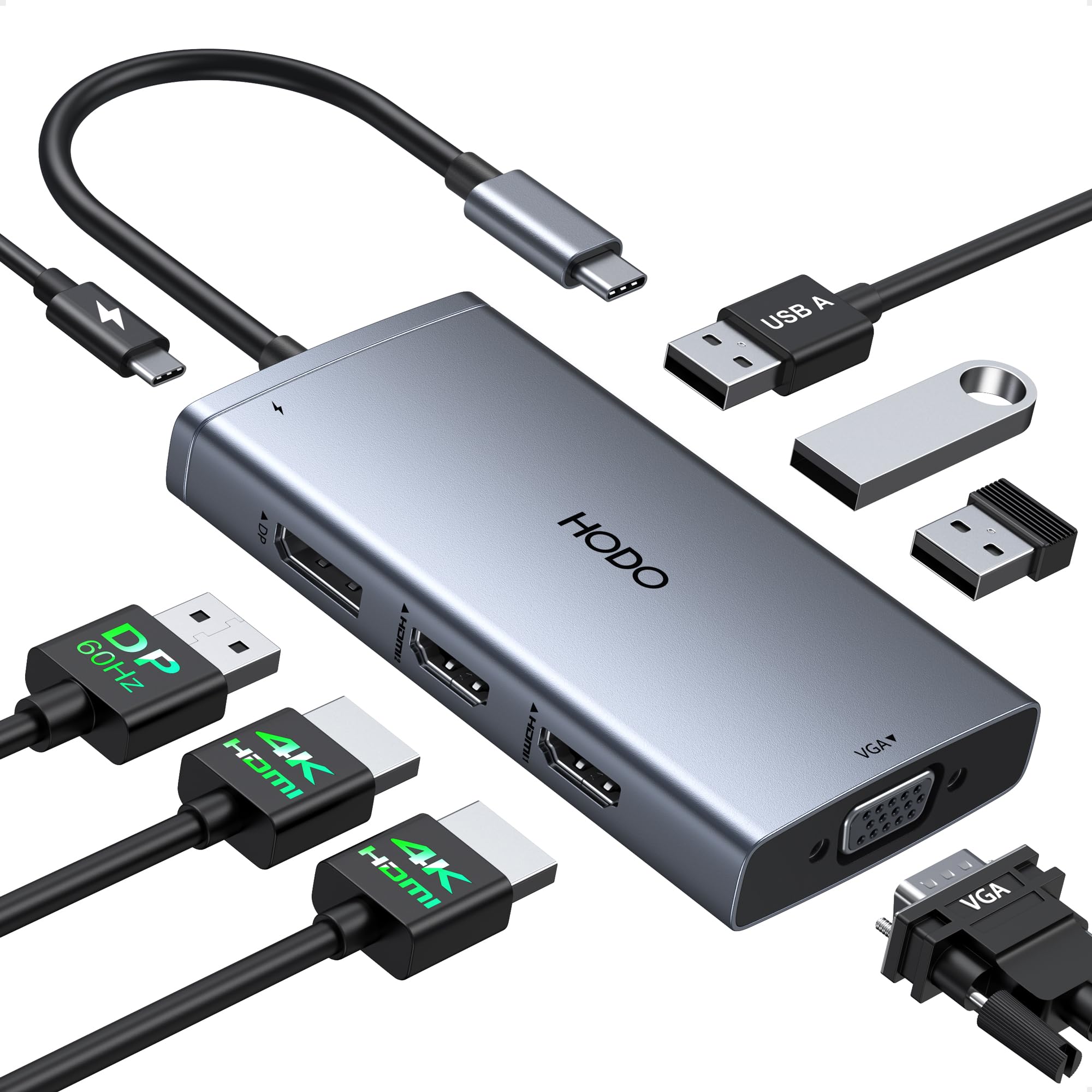 HODO Dockingstation Laptop 2 Monitore, Docking Station USB-C Hub 2 HDMI | Unterstützt Triple-/Quad-Display, mit Dual HDMI, DisplayPort, VGA, PD, 3 USB, kompatibel mit Dell, HP, Lenovo, Surface
