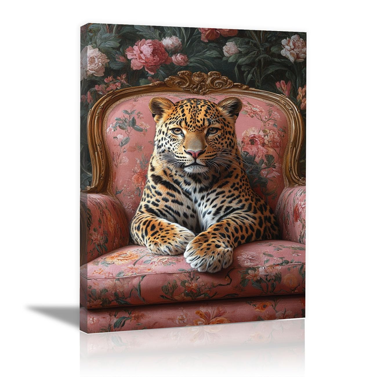 QUSAAOU Nowoczesny Animal Canvas Leopard na antycznym drewnianym krześle różowe kwiaty portret zwierzęcy sztuka ścienna do dekoracji wnętrz, malarstwa, dzieła sztuki, salonu, sypialni, łazienki, biura