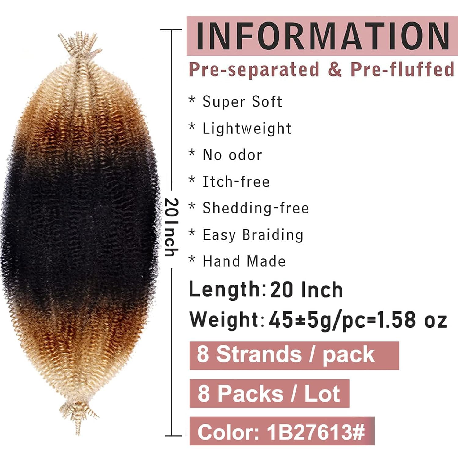 Xtrend 8 Packs Pre-Separated Spring Twist 20 Inch Soft Springy Afro Hair for Faux Locs Natural Marley Crochet Braiding Synthetic Extensions 8 Strands/Pack 1B27613# - Image 2