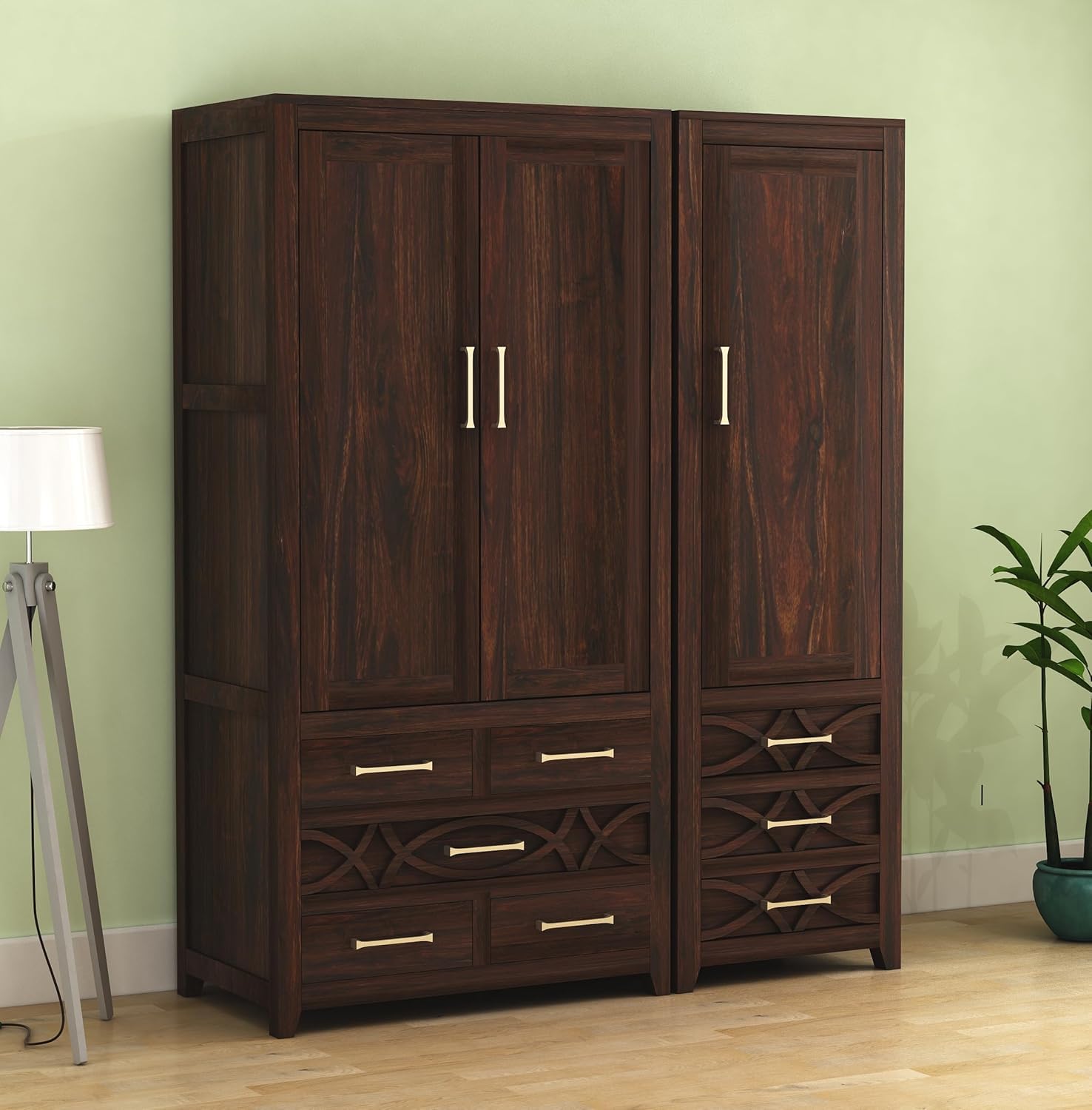 SONA ART & CRAFTS Solid Sheesham Wood Wardrobe for Bedroom Modular Wooden Wardrobe/Space Saving with 3 Door & 8 Drawer/Storage Rack Clothes Almirah Cupboard for Bedroom (Walnut)