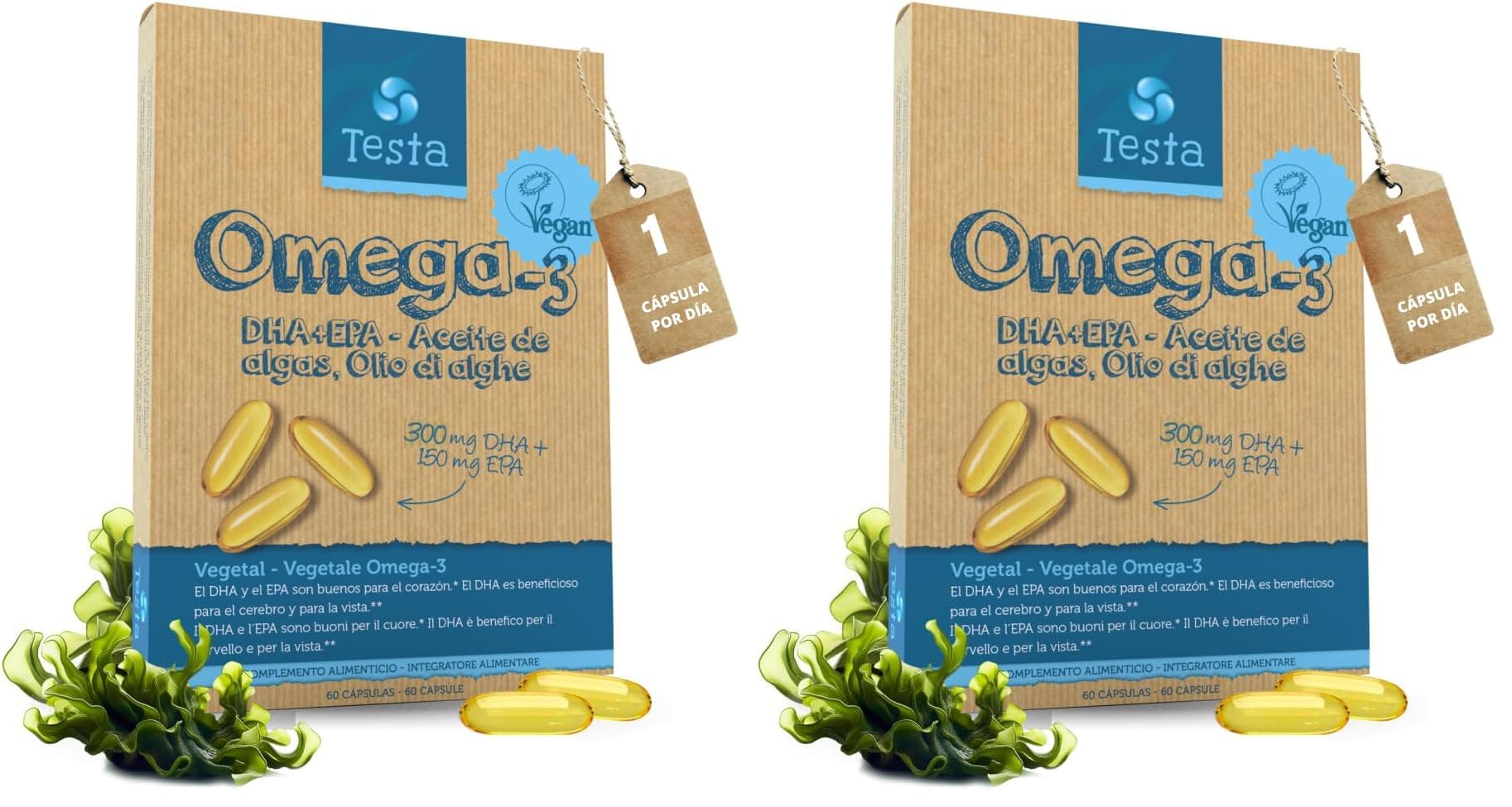Testa Omega-3 Aceite de Algas cápsulas de 450mg Omega-3 Vegano DHA + EPA - (60 cápsulas) (Paquete de 2)