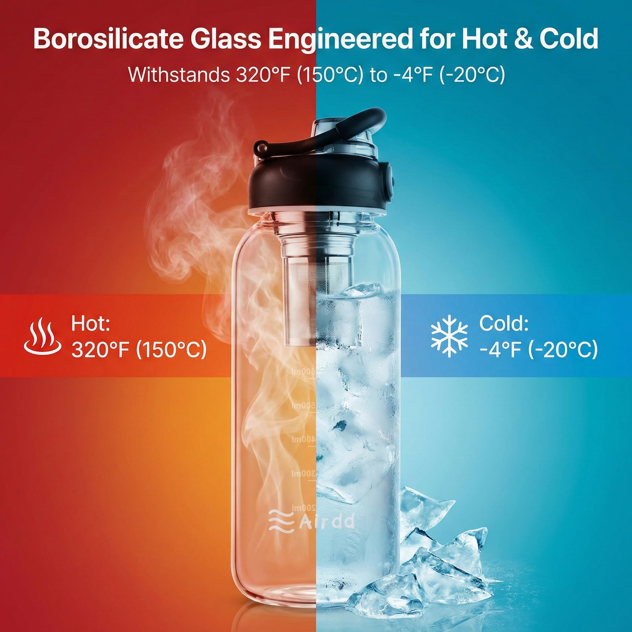 Botella de agua de vidrio con infusor de té de acero inoxidable de 32 onzas