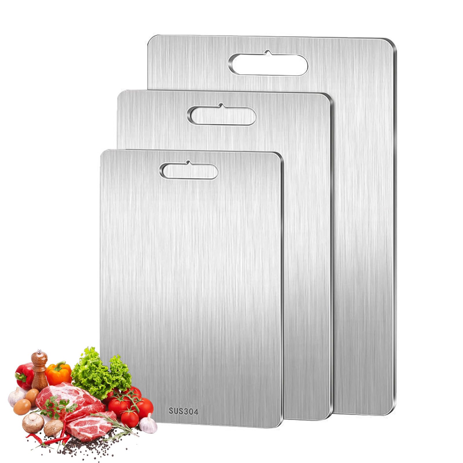 Tagliere Acciaio Inox Alimentare 304,Taglieri a Doppia Faccia Antibatterici | Set 3 Pezzi Tagliere Cucina Lavabile in Lavastoviglie,per Carne, Frutta, Verdura, Impasto (39x28+29x20+25x15cm)