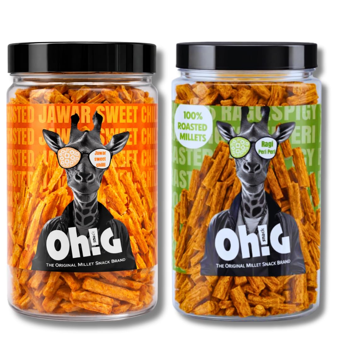 Oh!G Multi-Millet PureCraft Combo | Ragi Peri Peri Puffs & Sweet Chilli Chips | 2 Jars × 120g | Gluten Free, Palm Oil Free | Ready to Eat Grocery Diet Snacks-image-34