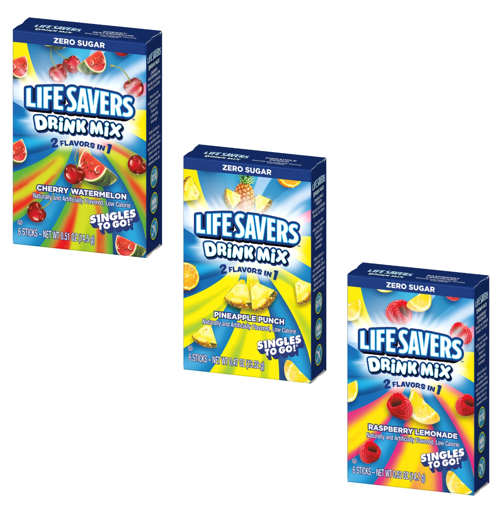 Lifesavers Singles to Go Variety Pack of 3 - One of Each Flavor - Cherry Watermelon, Pineapple Punch, and Raspberry Lemonade - Powdered Drink Mix
