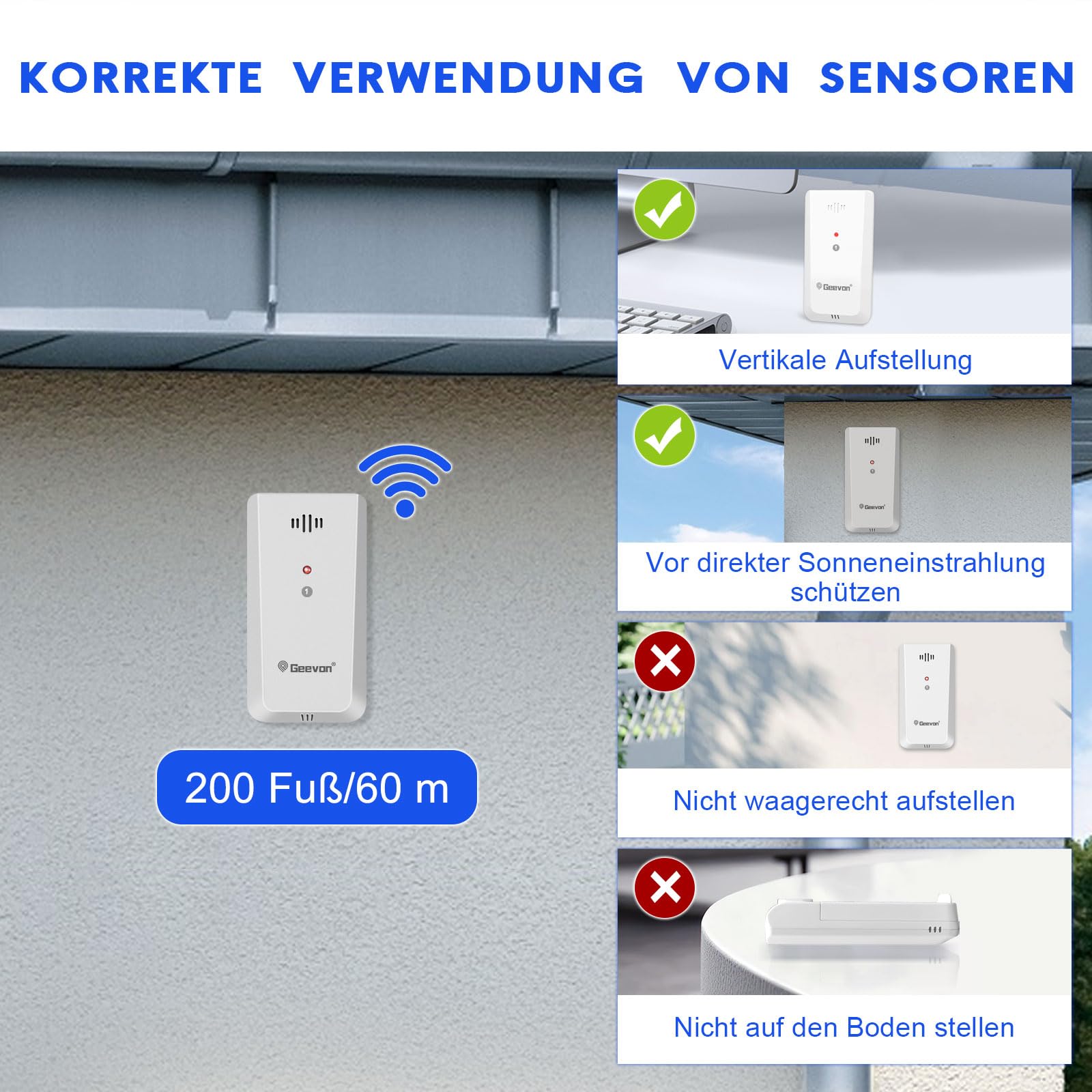 Geevon Termometro Interno Esterno con 3 Sensori a Distanza, Termometro Igrometro Digitale per Umidità, Misuratore di Temperatura e Umidità con Portata di 90M/300FT (Nero con Batteria)