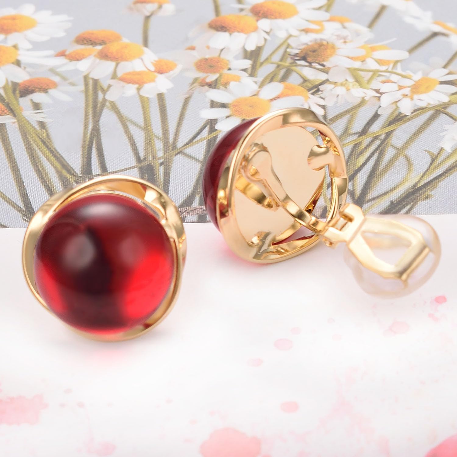 Yoursfs Large Red Ruby Clip On Earrings for Women Red Round Non Pierced Clip On Earrings Dainty and Elegant Bridal Bridesmaid Jewelry