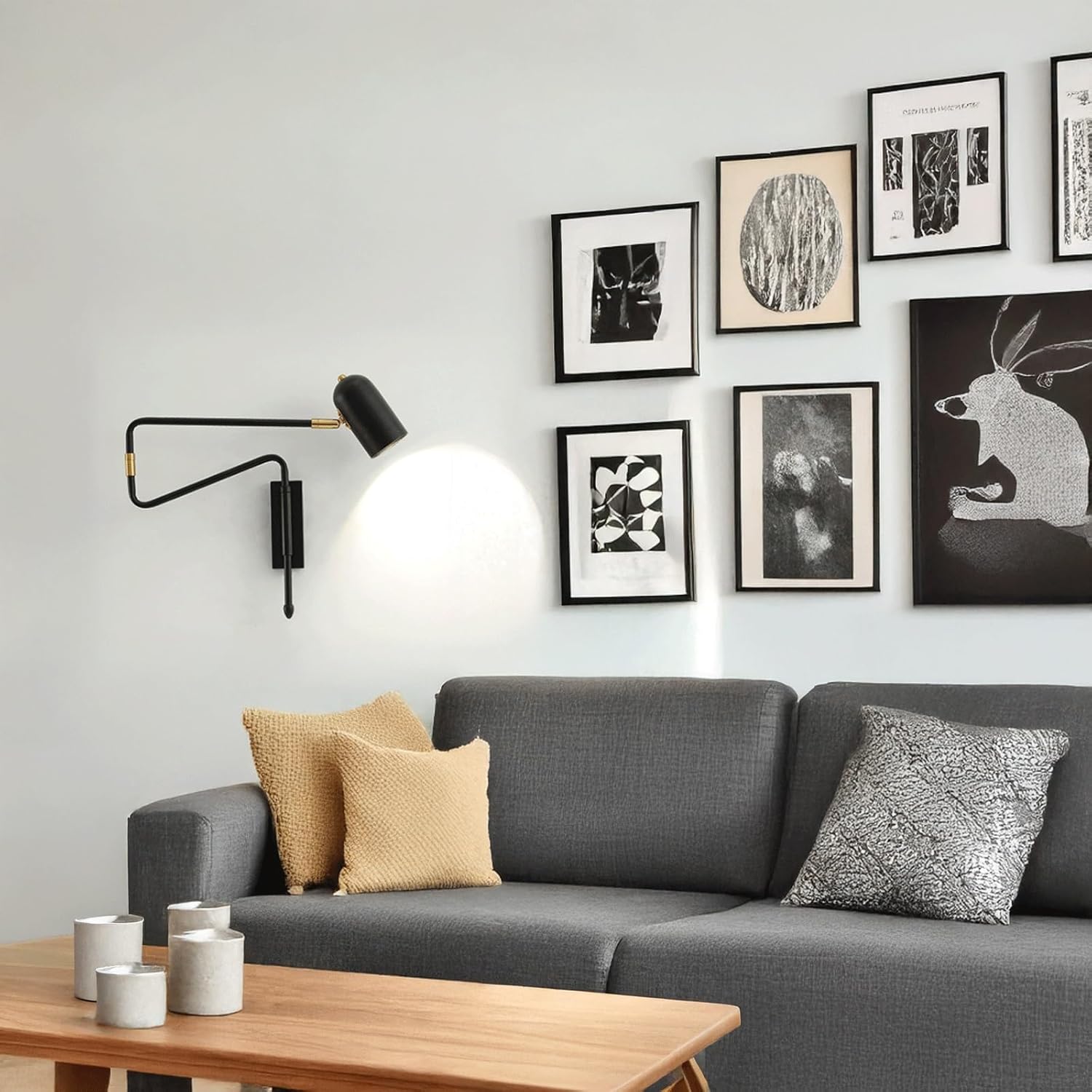 Modern Nordic Wall Sconce Black Finish Swing Arm & Metal Round Shade Hardwired Wall Lamp Adjustable Extendable for Living Room Bedroom Bedside Reading Nook Study Office Directional Accent