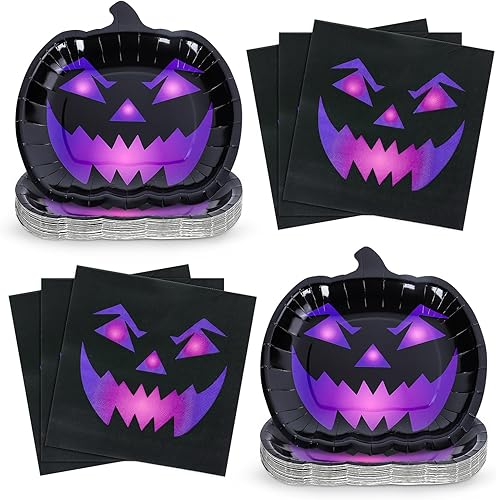 Whaline 24 platos y servilletas de papel de calabaza de Halloween, platos desechables espeluznantes de cara de calabaza negra y morada, decoración disponible en Yaxa Colombia