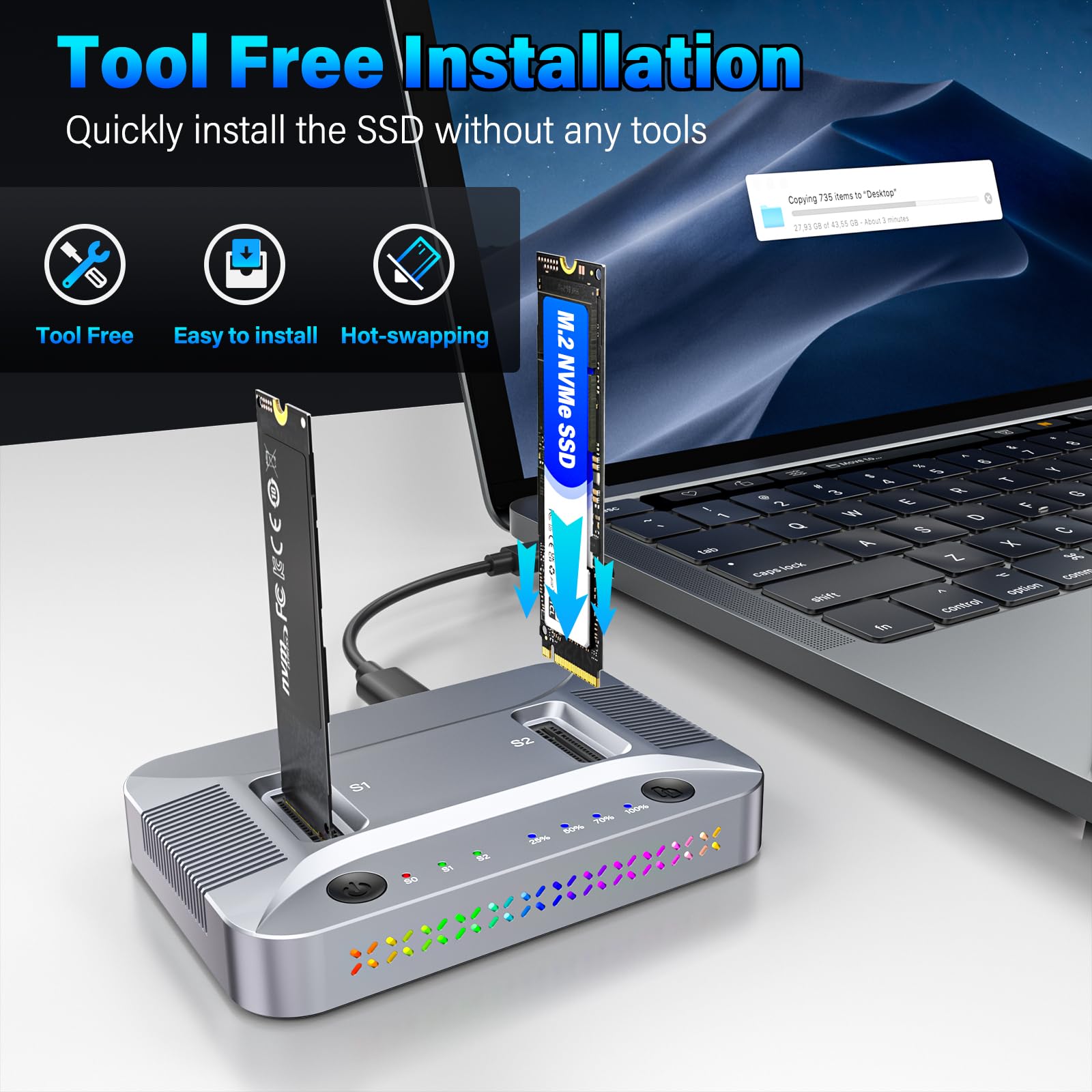 M.2 NVMe i klon SATA SSD, stacja dokująca 10 Gb/s, duplikator M.2 obsługuje klon offline, beznarzędziowa obudowa NVMe na USB, adapter obudowy SSD USB 3.2 Gen 2 do dysków SSD 2230/2242/2260/2280/22110
