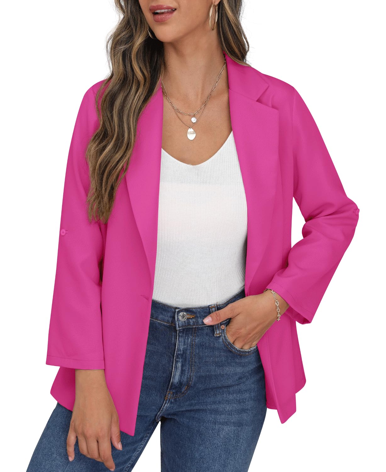PrinStory Americana abierta para mujer, chaqueta de manga ajustable con botones y bolsillos