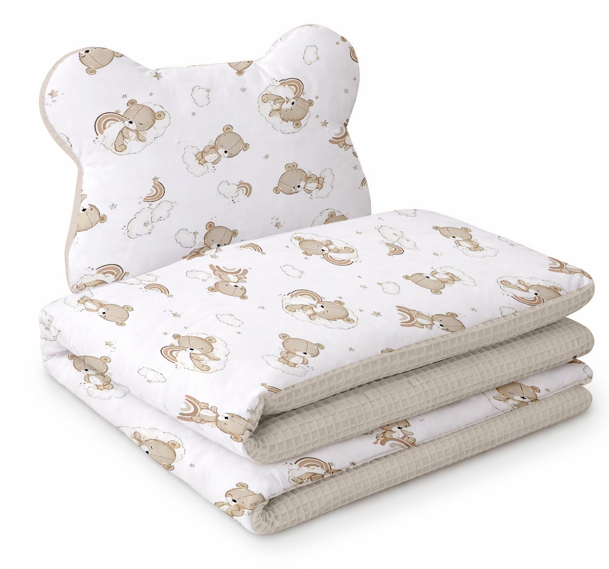 Babynest Nestchen Baby Set für Neugeborene – 5-teilig – Kuschelnest aus 100% Baumwolle & Waffelpique – Babykokon tragbar – für Babybett, Kinderbett & Kinderwagen – OEKO-TEX - Teddy und Sand