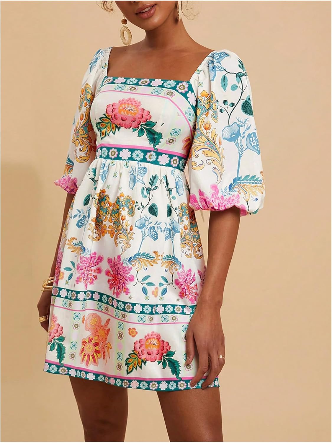 Floerns Women's Floral Tie Back Puff Sleeve A Line Dress Square Neck Boho Dresses - Image 2