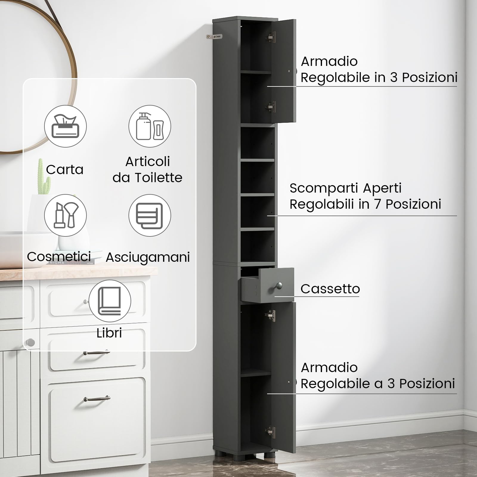 COSTWAY Mobile Bagno Alto Stretto, Mobiletto Colonna Salvaspazio con 1 Cassetto, 5 Ripiani Regolabili e Struttura Antiscivolo, Mobile a Terra per Ingresso, 20 x 20 x 180 cm (4 Ripiani, Grigio)