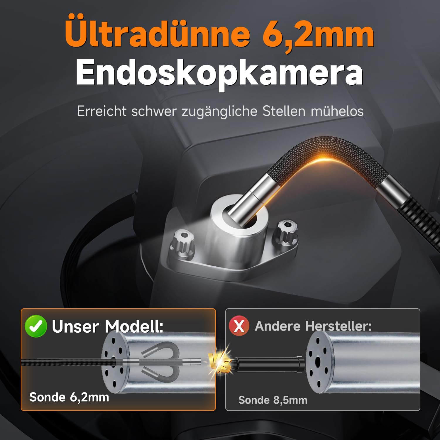 FOXWELL 6,2mm Professionell 2-Wege Schwenkkopf Endoskopkamera mit Licht | 220° Schwenkkopf, IP67 wasserdicht, IPS Display, Foto/Video, 1,6m Kabel, 6 dimmbare LEDs für Werkstatt, KFZ & Rohr