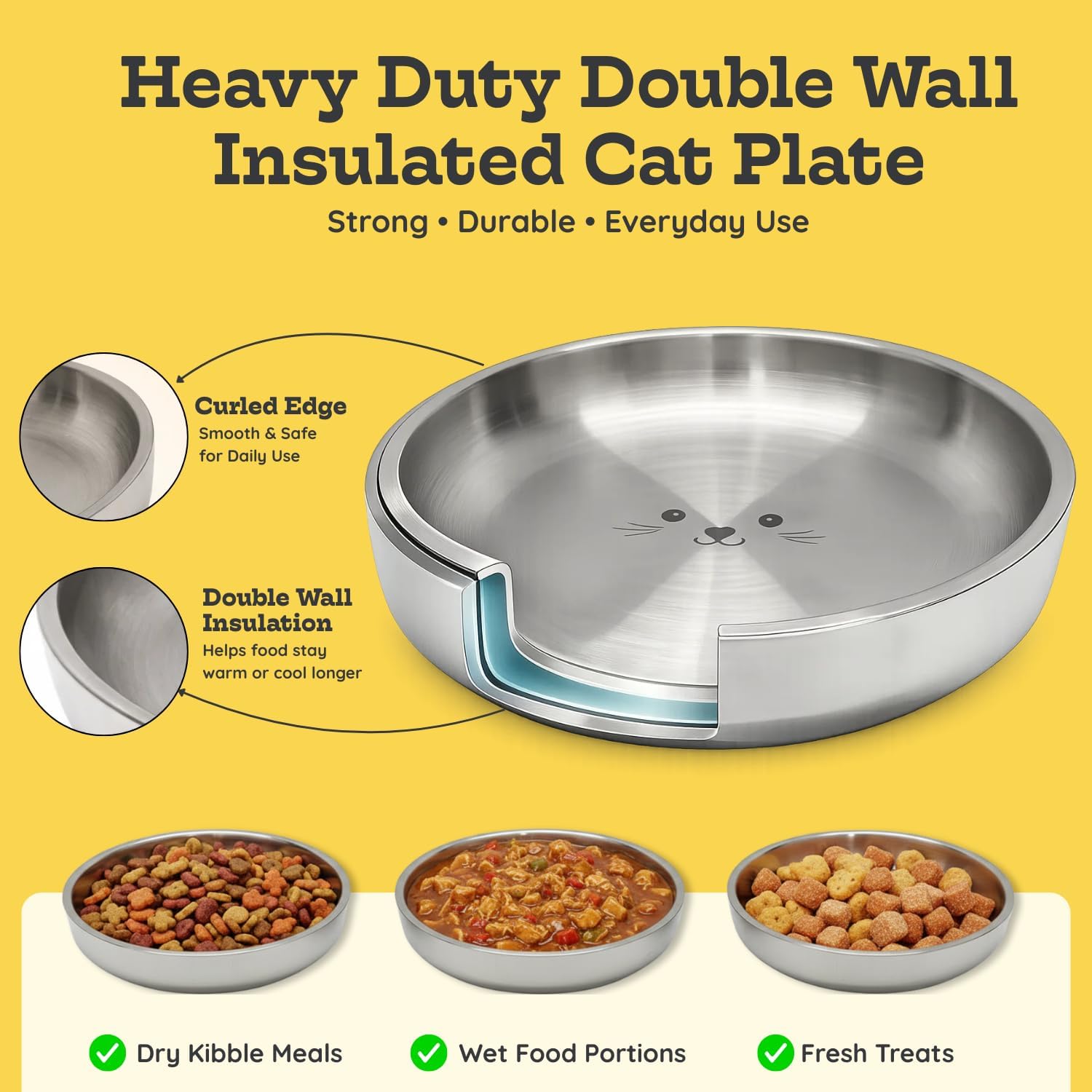 Stainless Steel Cat Food Bowl, 16 oz / 2 Cup Each, Heavy Duty Double Wall Insulated, Shallow Whisker-Friendly Design, Non-Slip Flat Base Dish for Cats & Kittens, D/W Safe Pack of 2