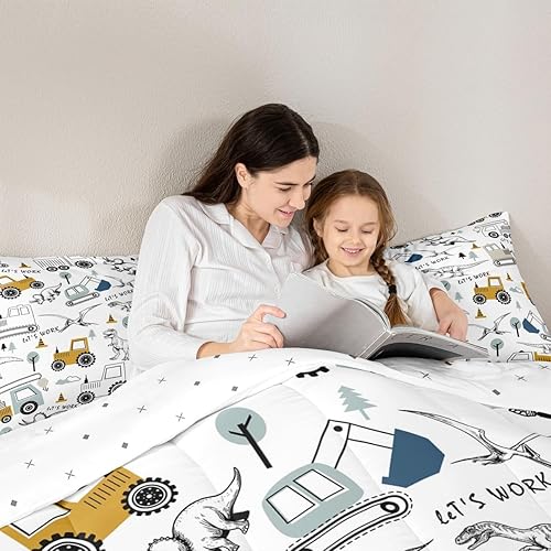 Miniatura 6 de Feelyou Juego de edredón de construcción, tamaño individual, para niños, con dibujos animados, excavadora, tractor, equipo de edredón, camiones,