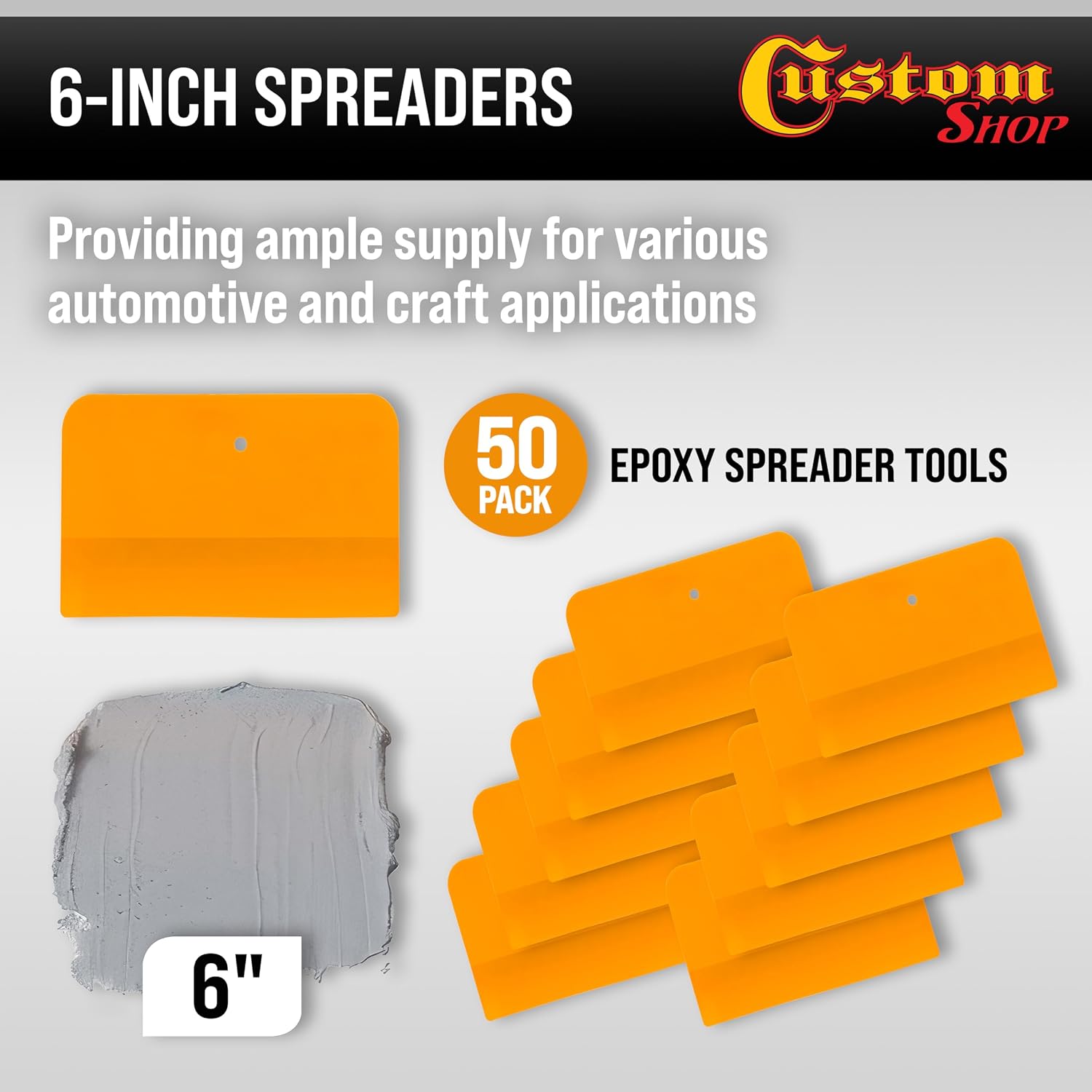 Custom Shop 6 Inch Plastic Body Filler Spreader Tools for Automotive Body Fillers (50 Pack), Putties, Glazes, Epoxy Resin, Caulk, Glues - Plastic Spreader Tool