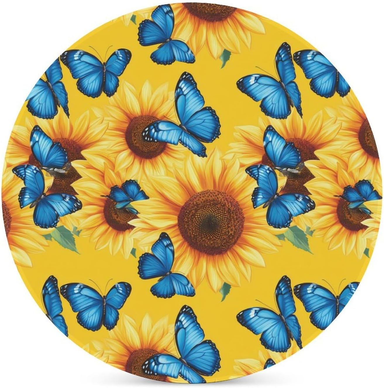 Sunflowers with Blue Butterfly Funny Round Ceramic Coasters for Drink Absorbent Cup Holders Tabletop Protection