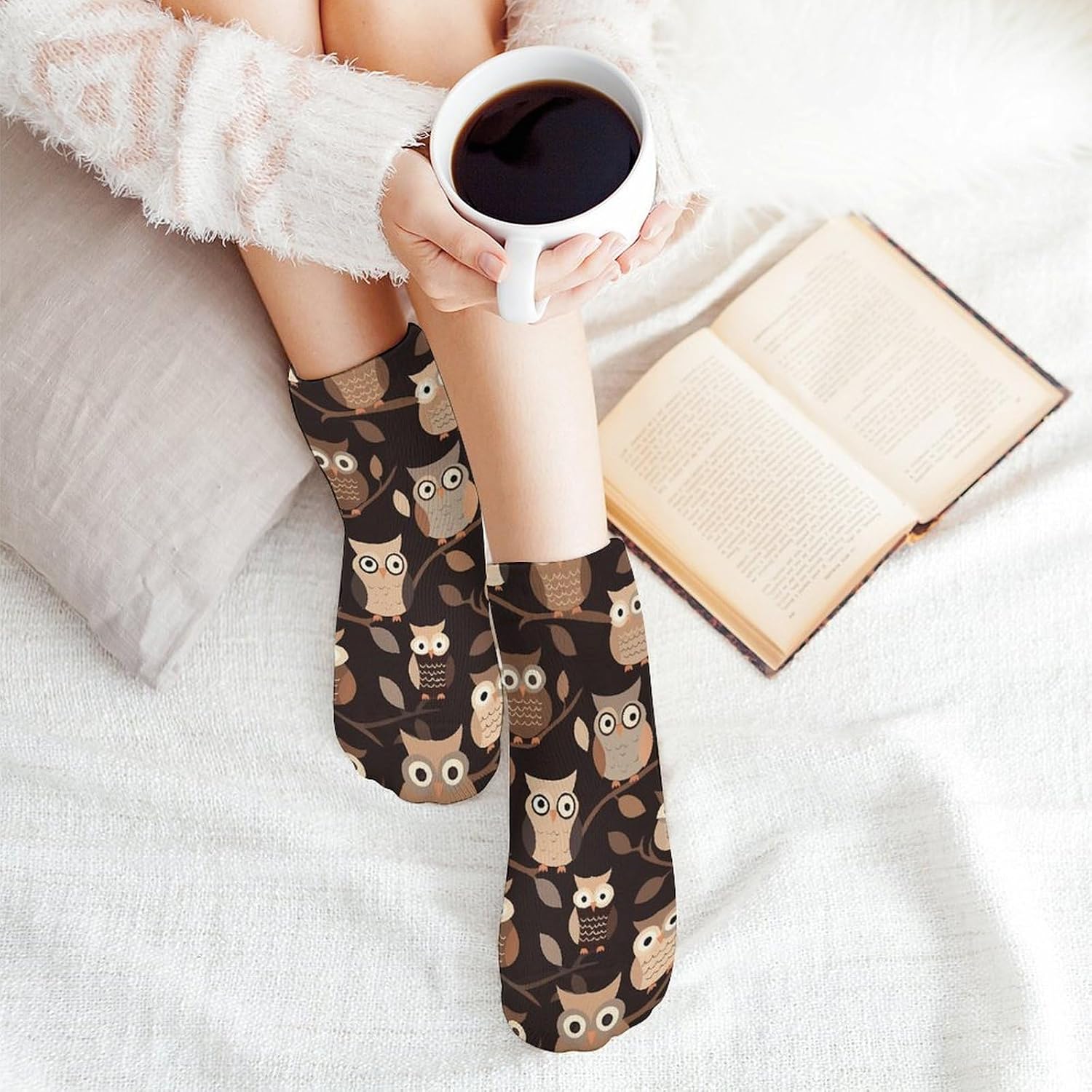Cute Brown Cartoon Owls 5 Pairs Ankle Socks, Breathable Crew Sock